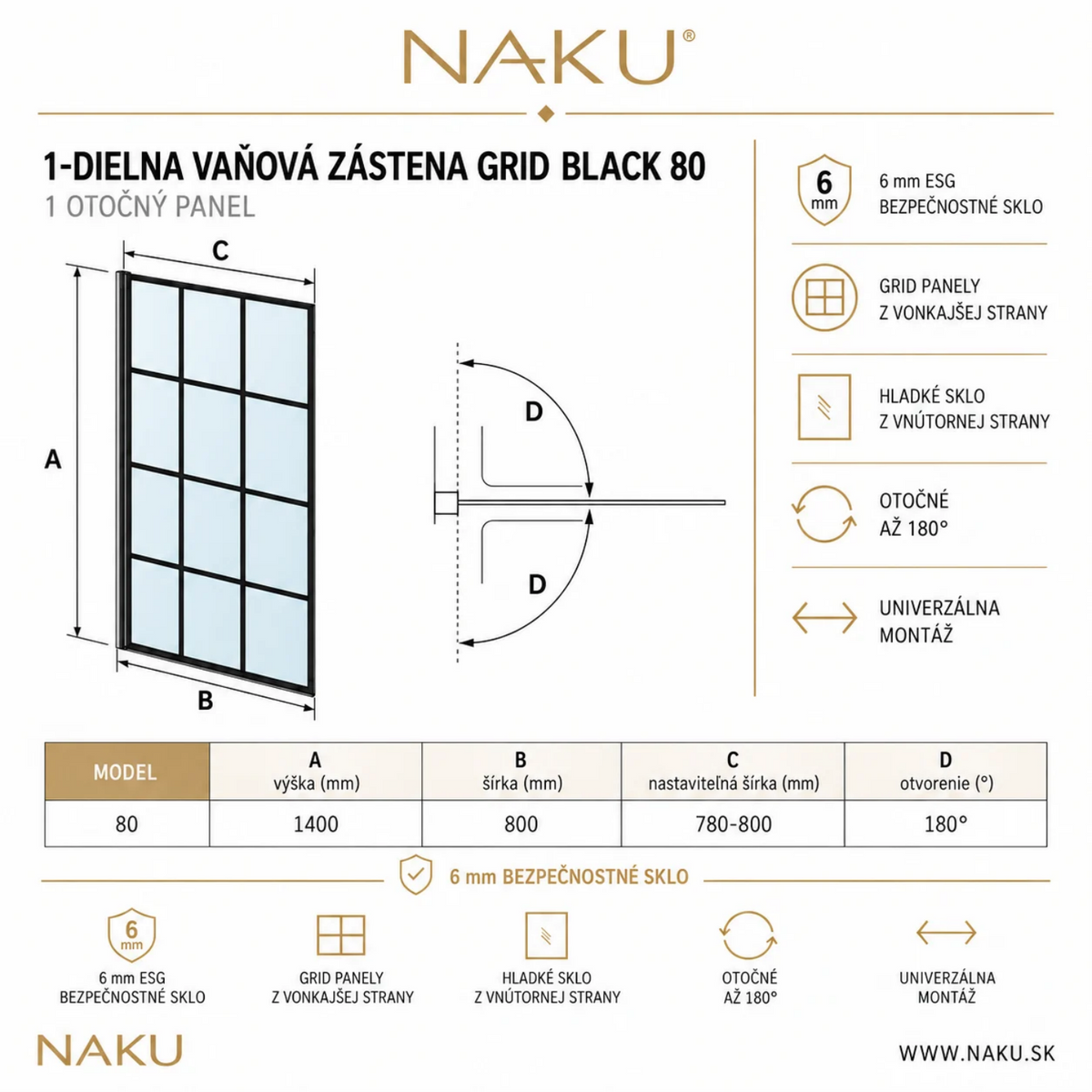 Technický nákres NAKU GRID – 1-dielna otočná vaňová zástena 80 × 140 cm