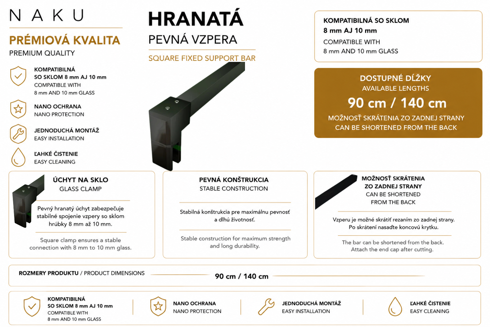 NAKU hranatá pevná vzpera čierna pre walk-in sprchovú zástenu, kompatibilná so sklom 8 mm a 10 mm, dostupná dĺžka 90 cm a 140 cm.