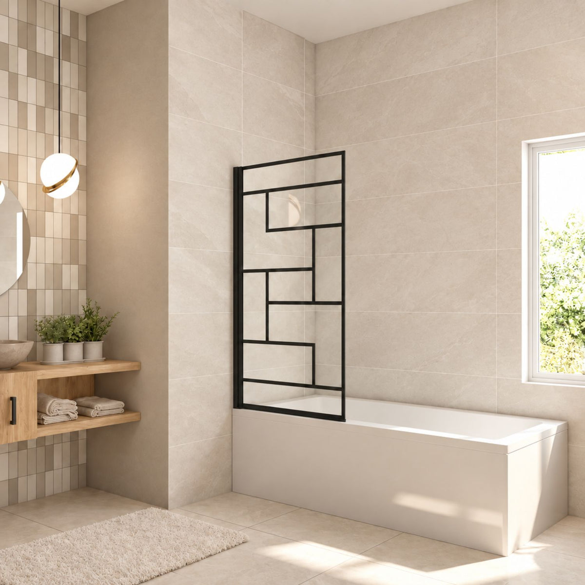 NAKU LOFT – otočná vaňová zástena 80 × 140 cm, čierny profil a dekoratívne čierne členenie skla