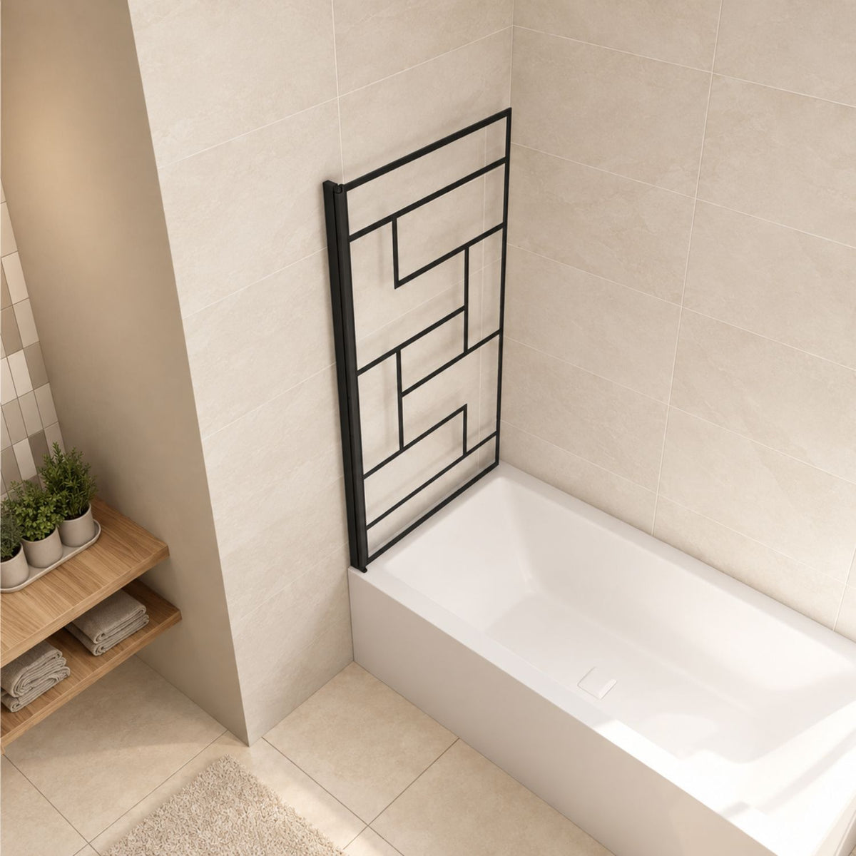 NAKU LOFT – čierna otočná vaňová zástena sklopená k stene