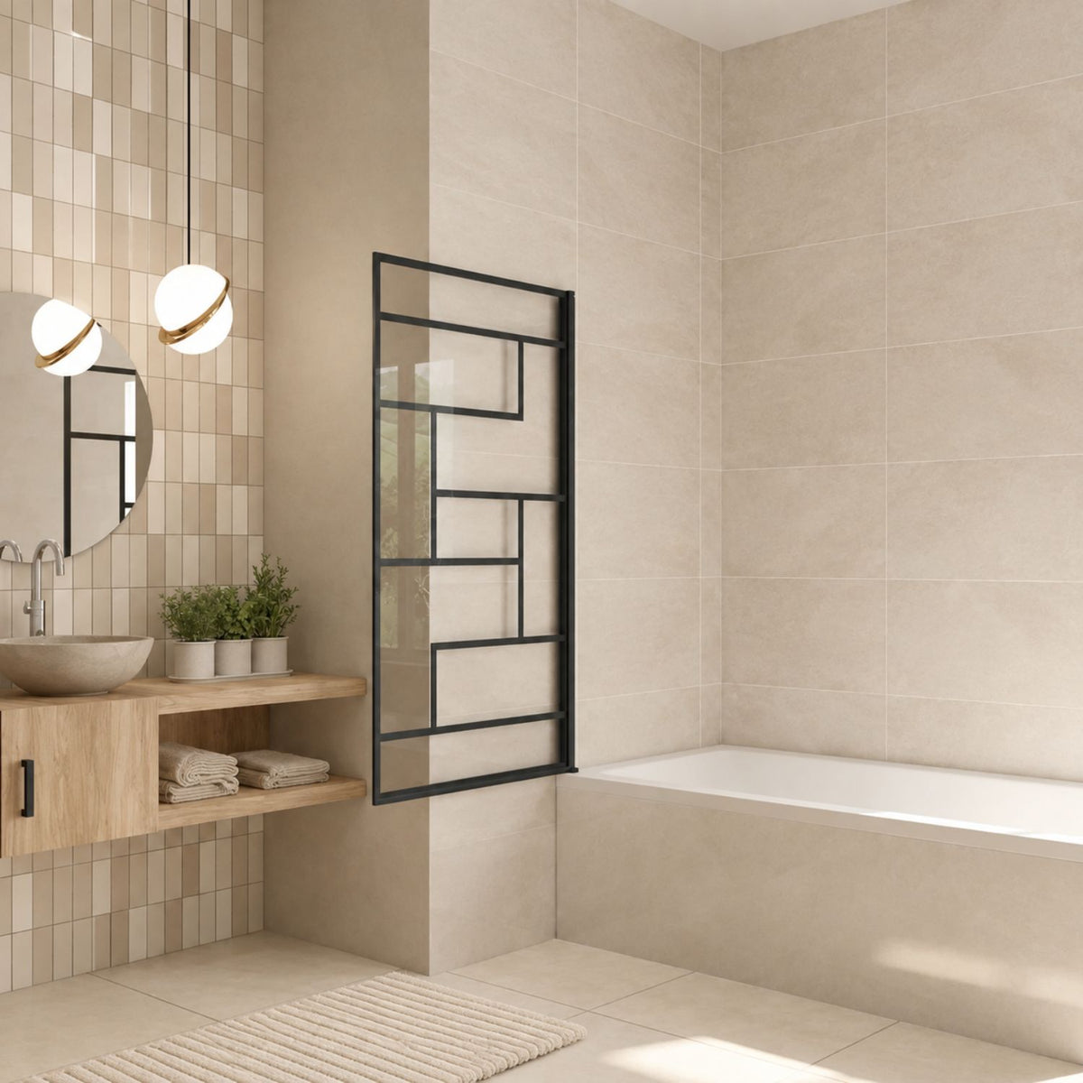 NAKU LOFT – otočná vaňová zástena 80 × 140 cm v otvorenej polohe, čierny profil