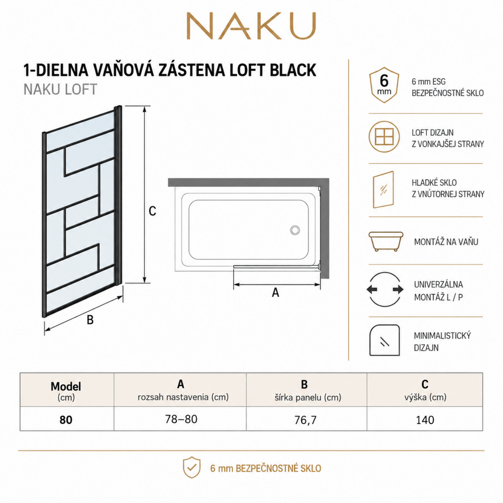 NAKU LOFT – technický nákres otočnej vaňovej zásteny rozmera 80 cm