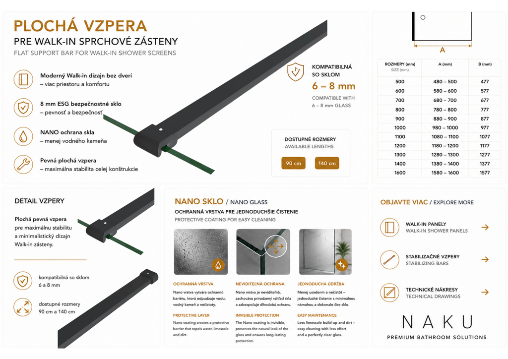 NAKU plochá čierna vzpera pre walk-in sprchové zásteny 6 mm a 8 mm – technický nákres