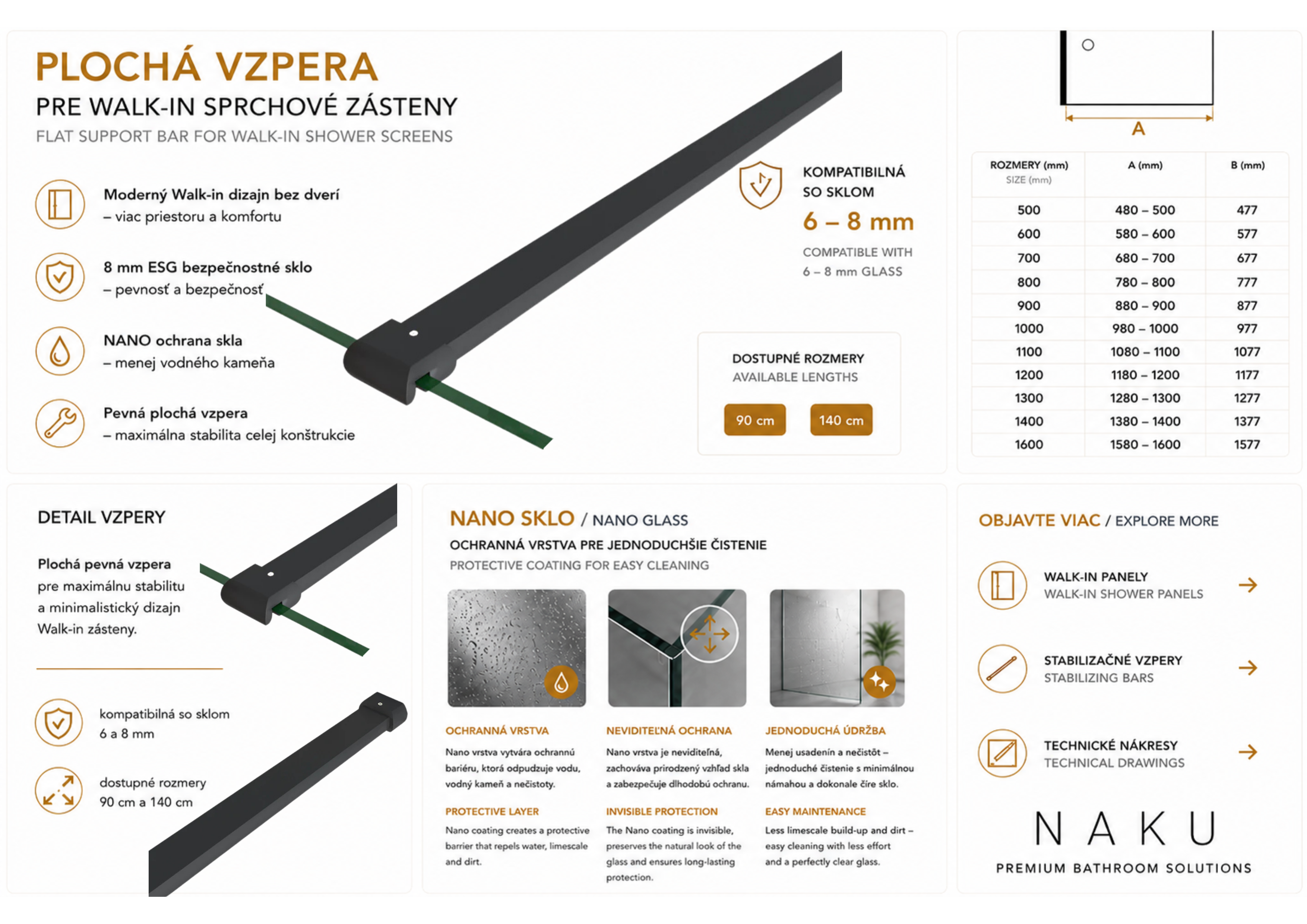 NAKU plochá čierna vzpera pre walk-in sprchové zásteny 6 mm a 8 mm – technický nákres