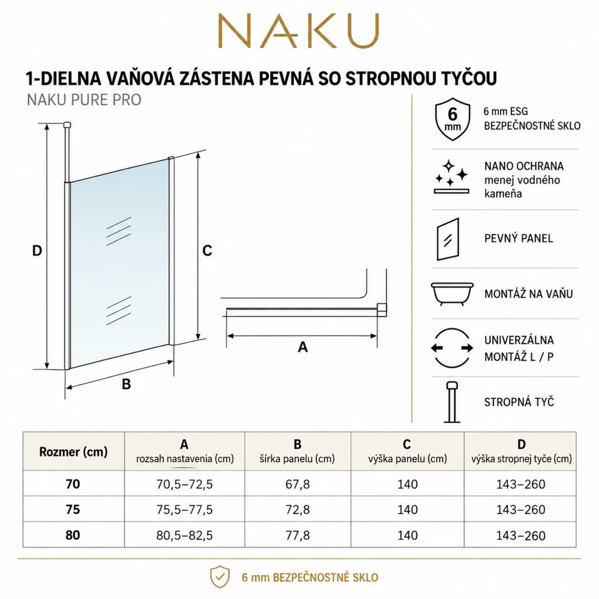 NAKU PURE PRO – technický nákres pevnej vaňovej zásteny so stropnou tyčou, rozmery 70, 75 a 80 cm