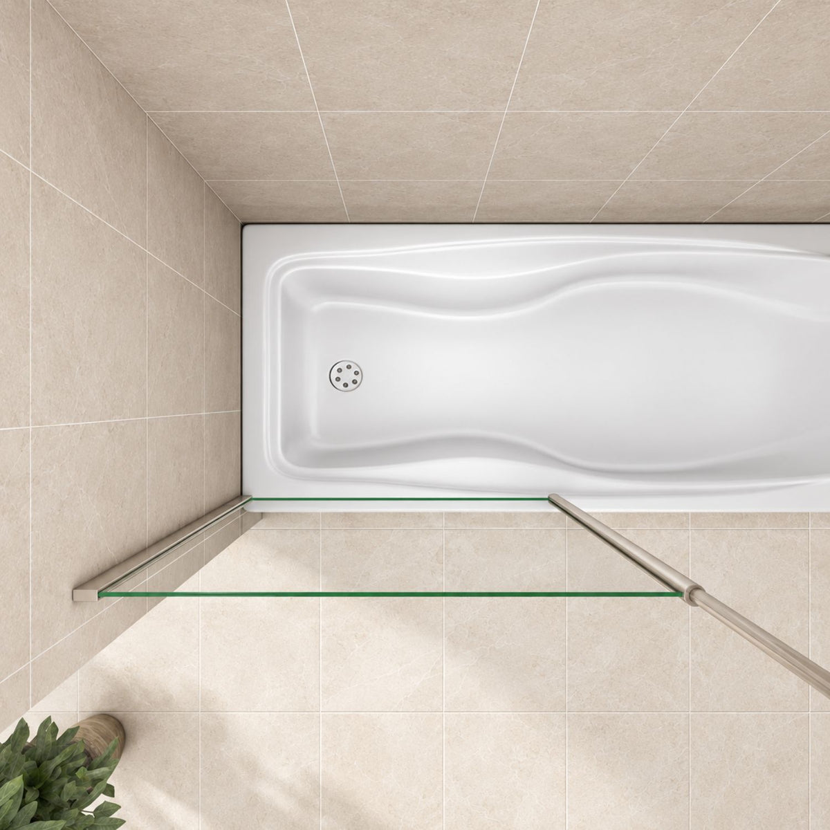 NAKU PURE PRO – pevná vaňová zástena so stropnou tyčou, pôdodrysný pohľad na vaňu a sklenený panel
