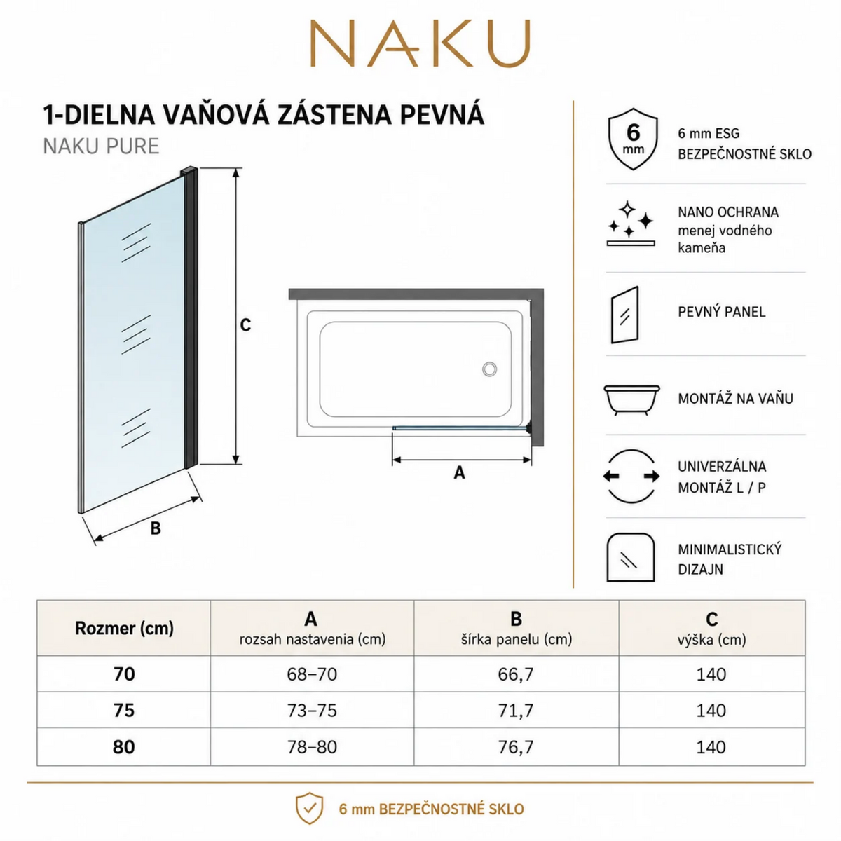 Technický nákres vaňovej zásteny NAKU PURE Black 70 75 a 80 cm