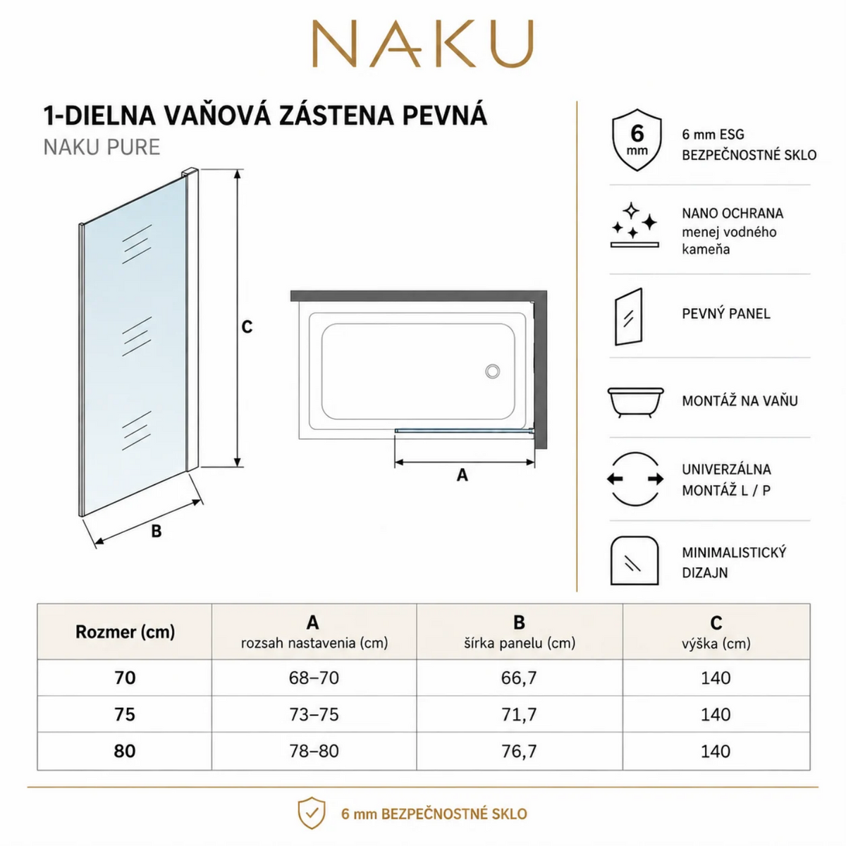 Technický nákres vaňovej zásteny NAKU PURE 70 75 a 80 cm