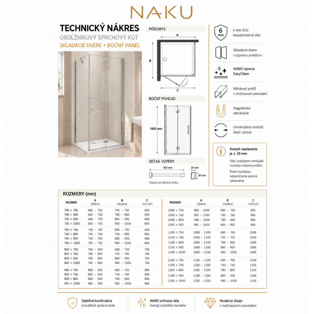Technický nákres NAKU – obdĺžnikový sprchový kút so skladacími dverami a bočným panelom, výška 195 cm