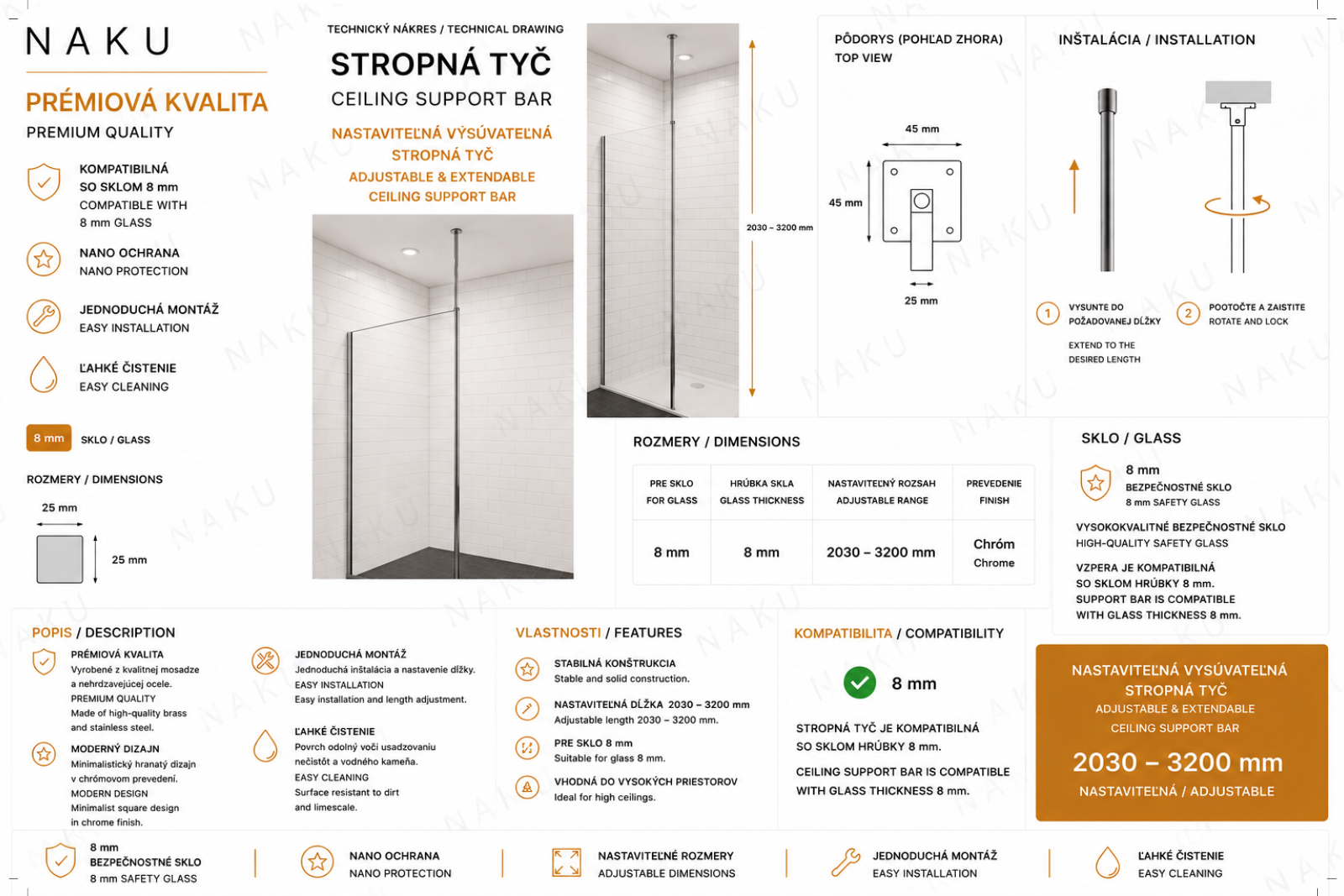 NAKU stropná tyč pre walk-in sprchové zásteny 8 mm – technický nákres s rozmermi a montážou