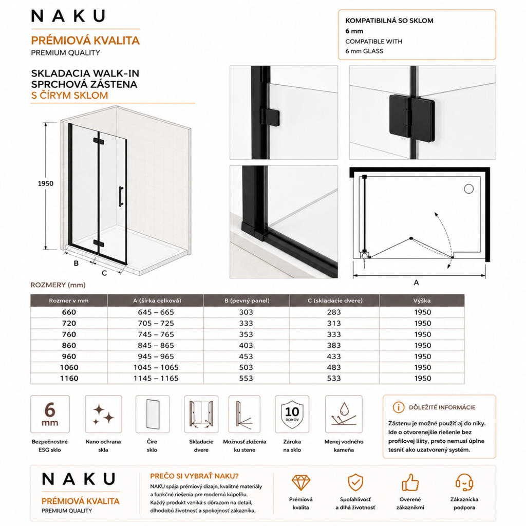 Technický nákres skladacej walk-in sprchovej zásteny NAKU 6 mm číre sklo čierny profil výška 195 cm rozmery 66 až 116 cm