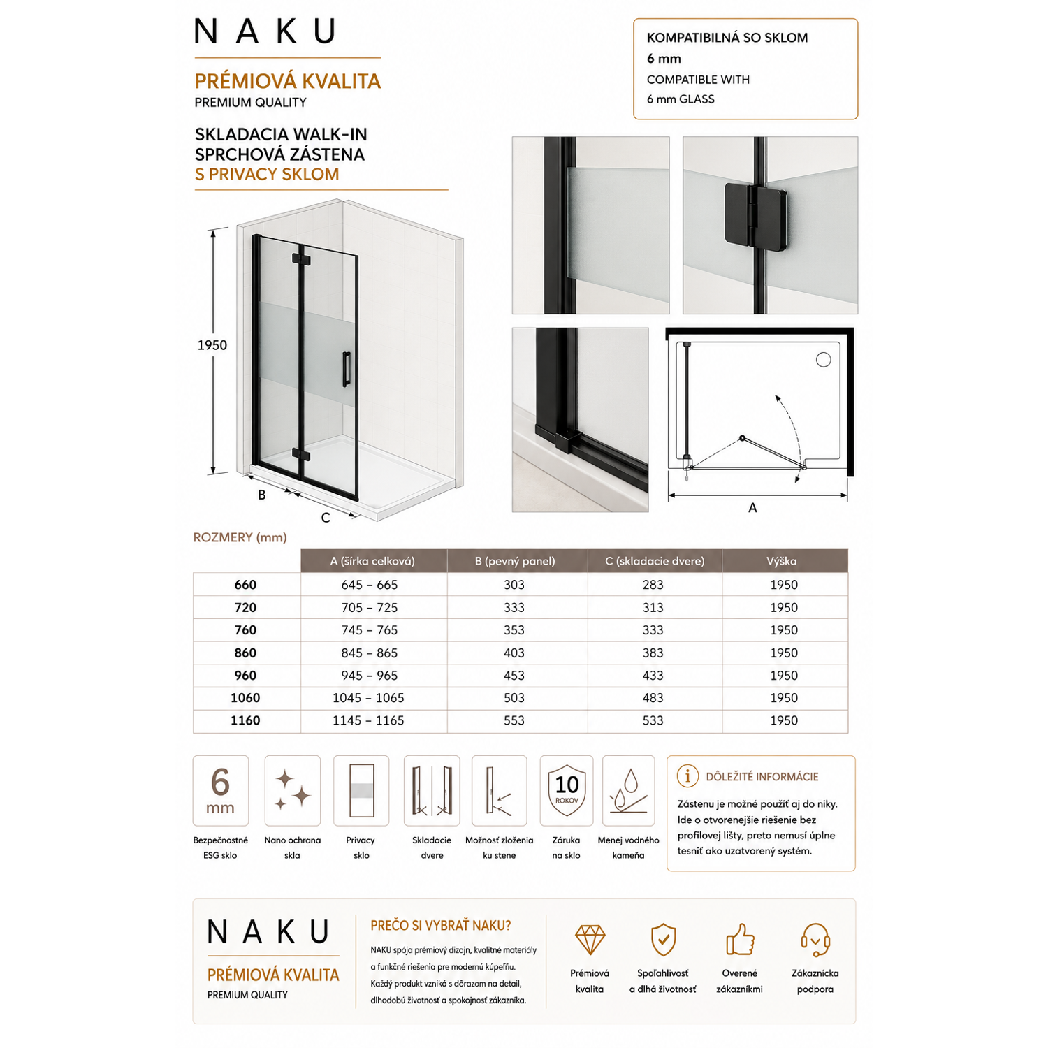 NAKU skladacia walk-in sprchová zástena privacy sklo čierna 6 mm technický nákres