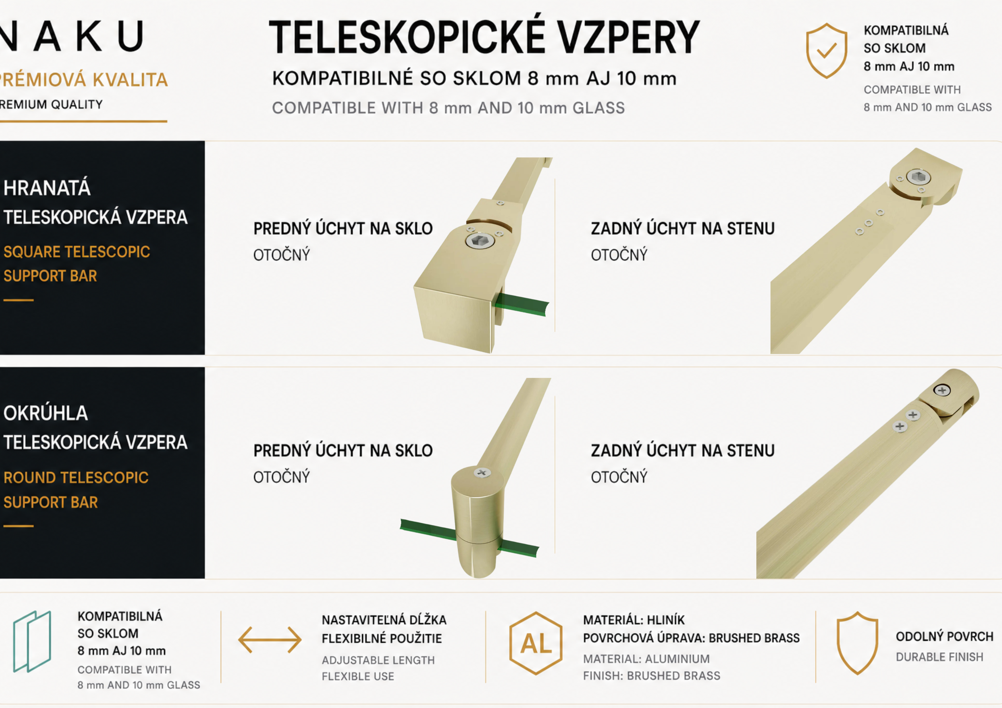 NAKU brushed brass teleskopické vzpery pre walk-in sprchové zásteny kompatibilné so sklom 8 mm a 10 mm