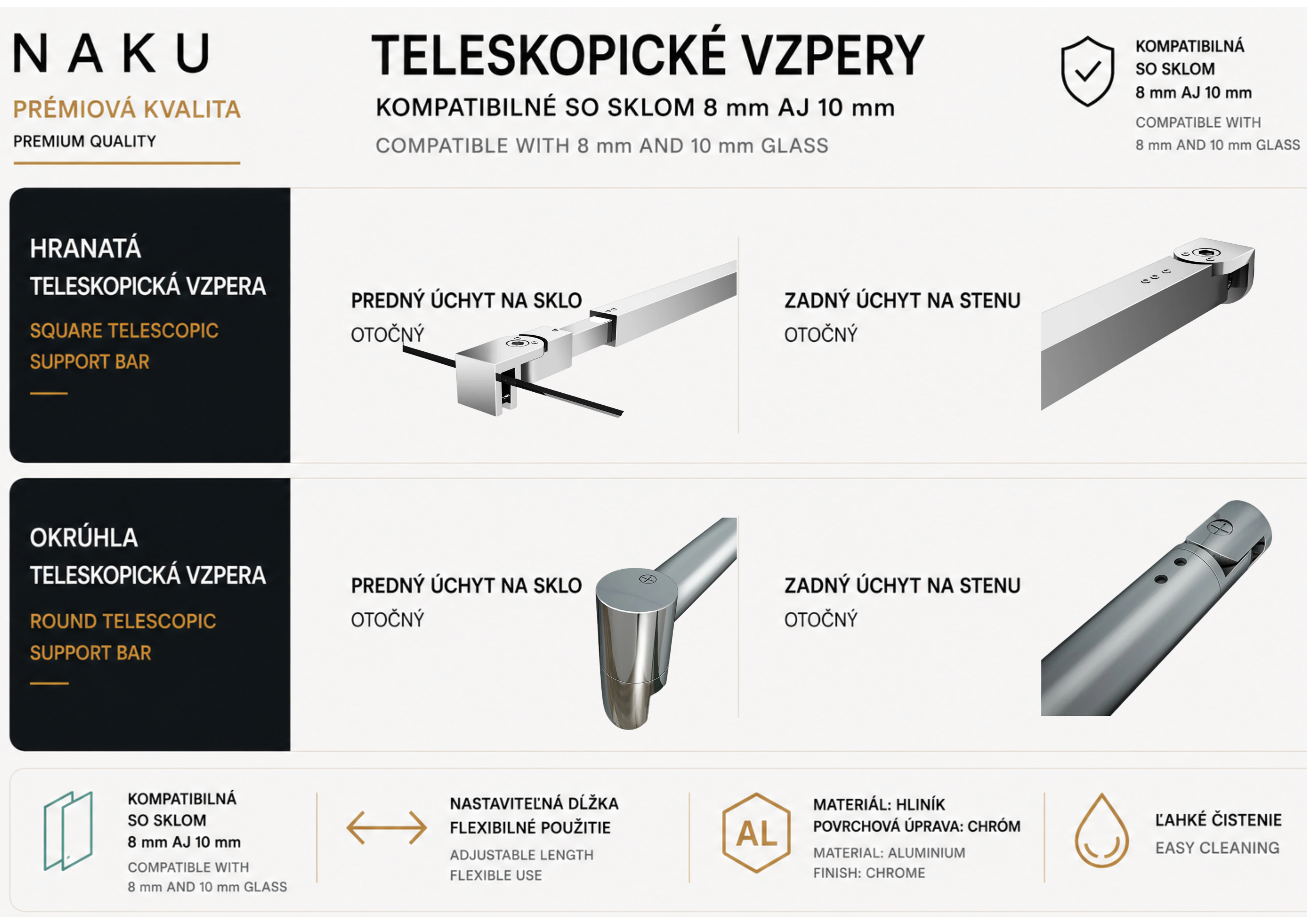 NAKU chrómové teleskopické vzpery pre walk-in sprchové zásteny kompatibilné so sklom 8 mm a 10 mm