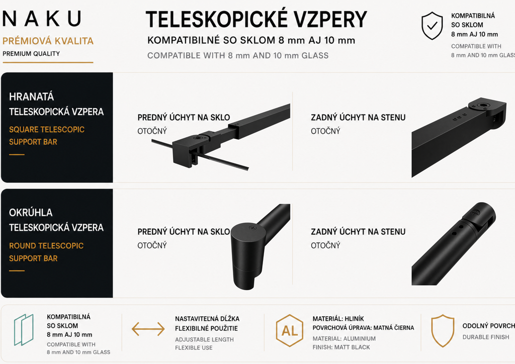 NAKU čierne teleskopické vzpery pre walk-in sprchové zásteny kompatibilné so sklom 8 mm a 10 mm