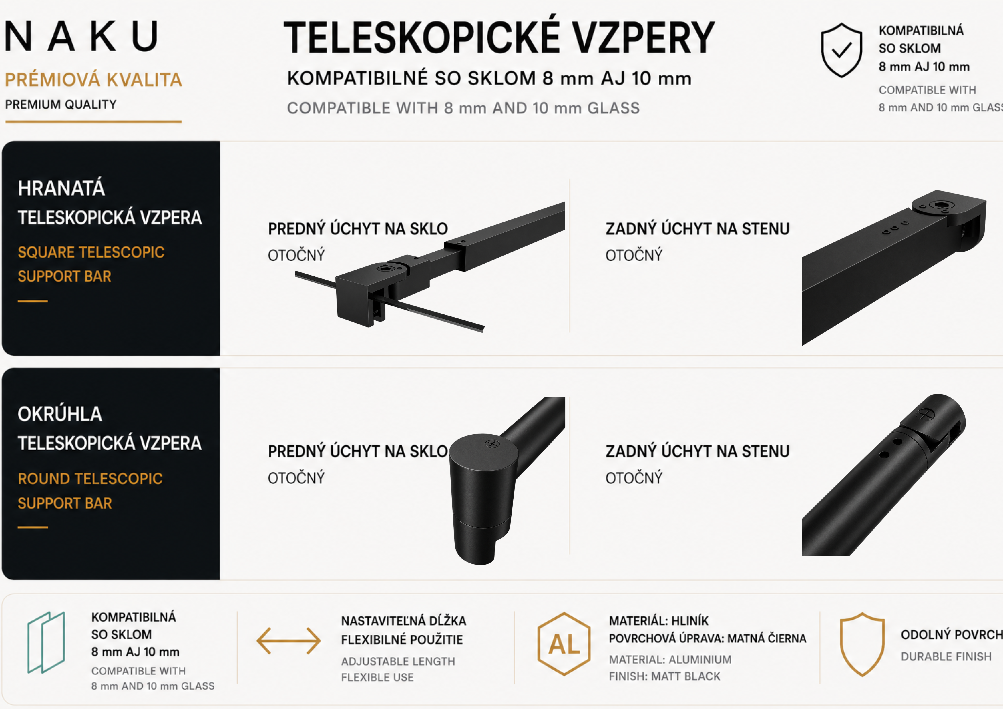 NAKU čierne teleskopické vzpery pre walk-in sprchové zásteny kompatibilné so sklom 8 mm a 10 mm