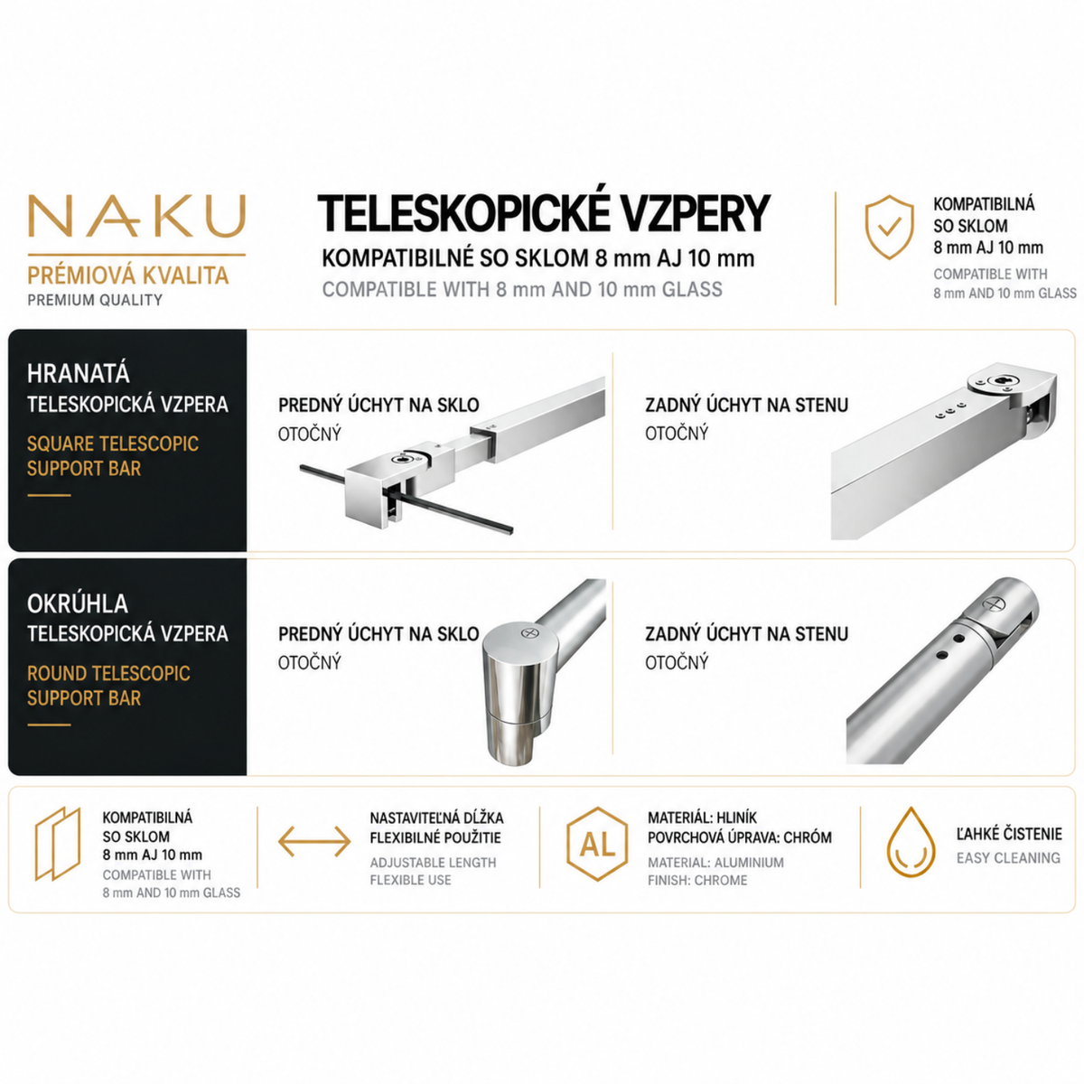 NAKU teleskopické vzpery chróm – hranatá a okrúhla vzpera pre Walk-In sklo 8 a 10 mm