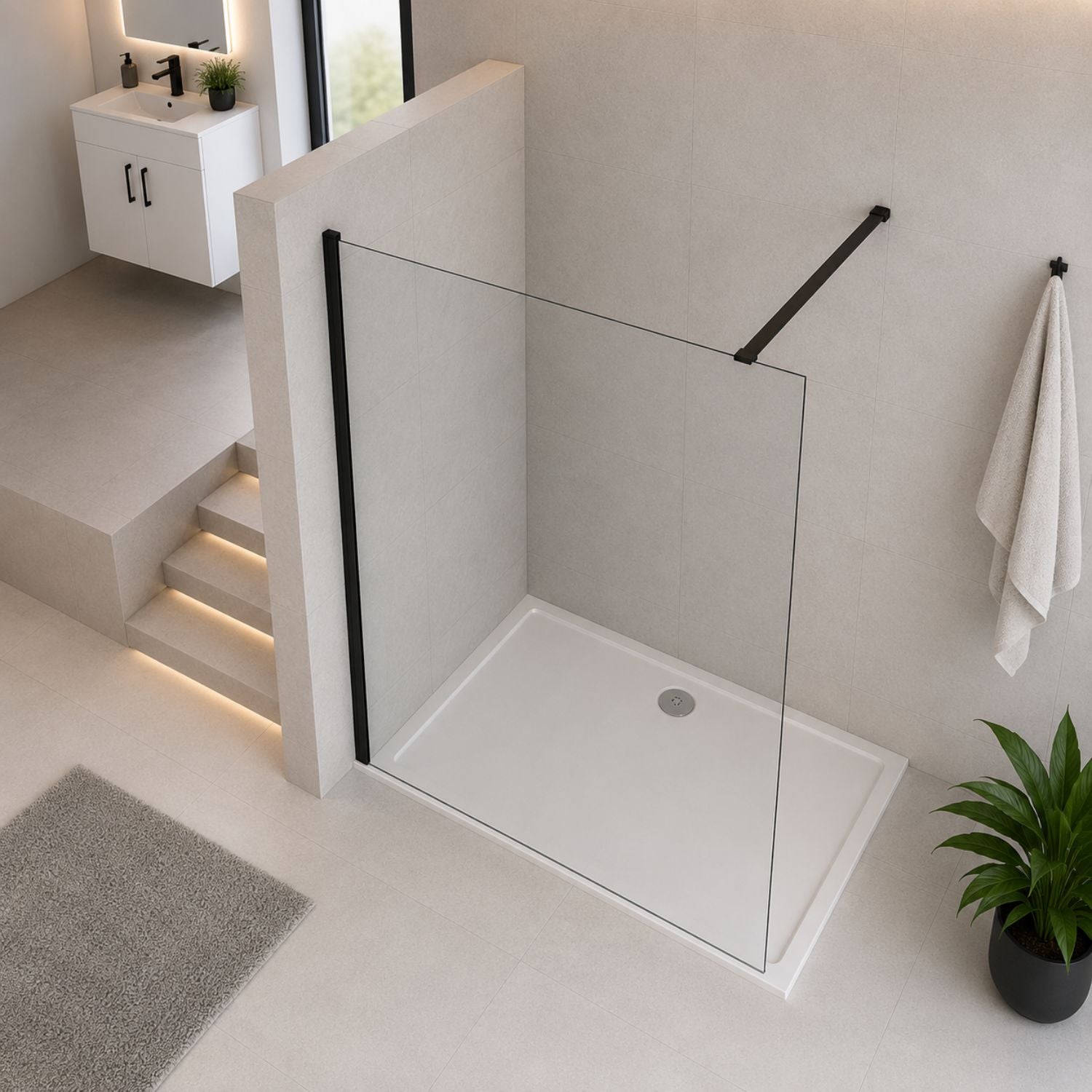 Walk-in sprchová zástena s čiernou plochou vzperou – pohľad z boku