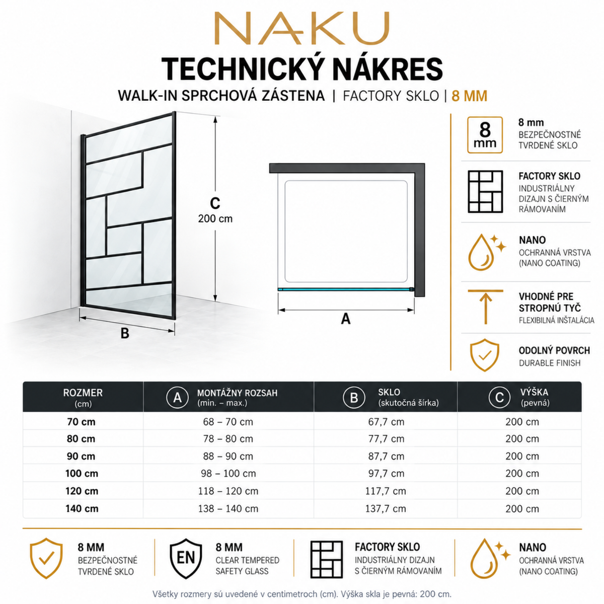 Technický nákres NAKU Walk-In Factory 8 mm – rozmery 70 až 140 cm, výška 200 cm