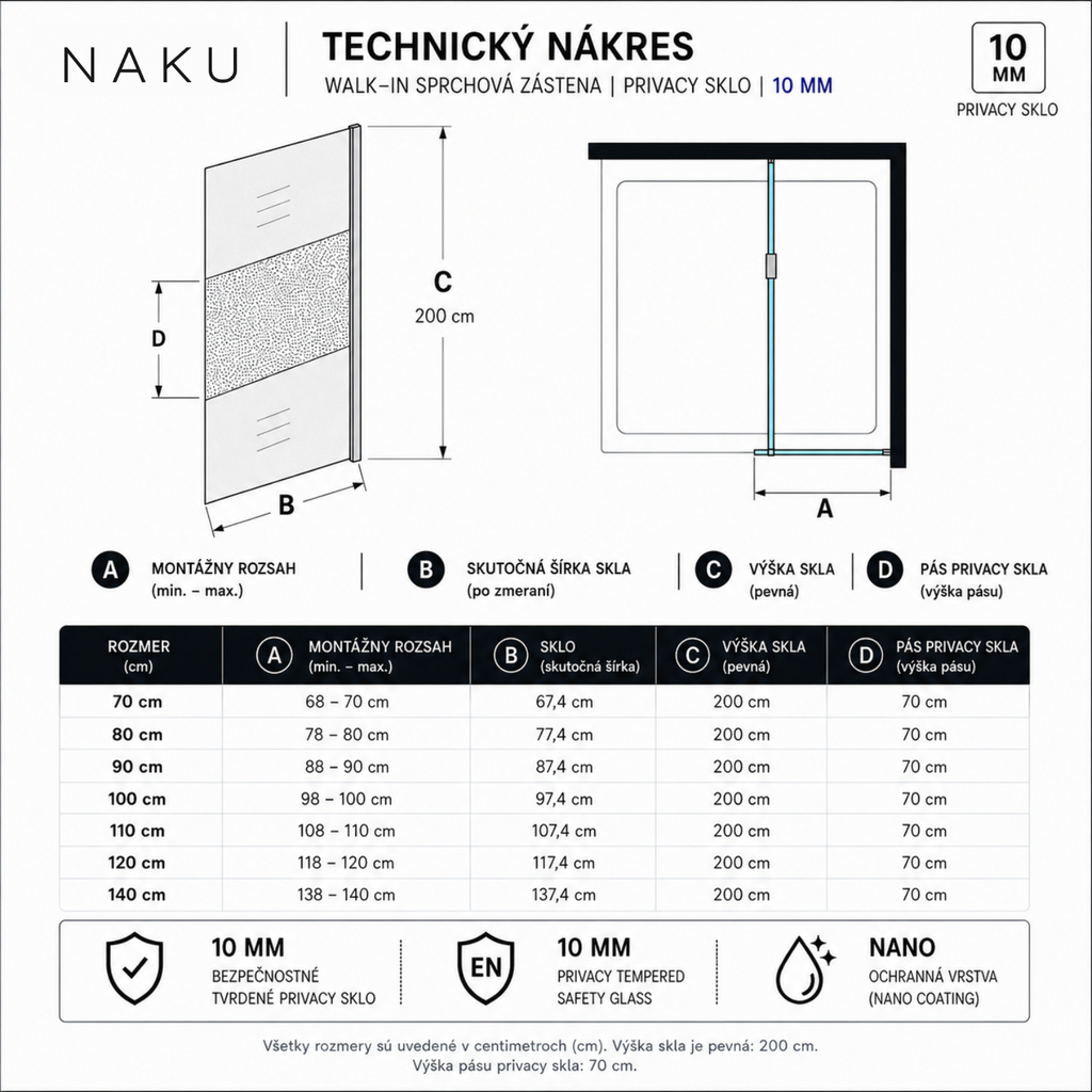 Technický nákres NAKU Walk-In sprchovej zásteny s privacy sklom 10 mm, vrátane rozmerov, montážneho rozsahu a privacy pásu.