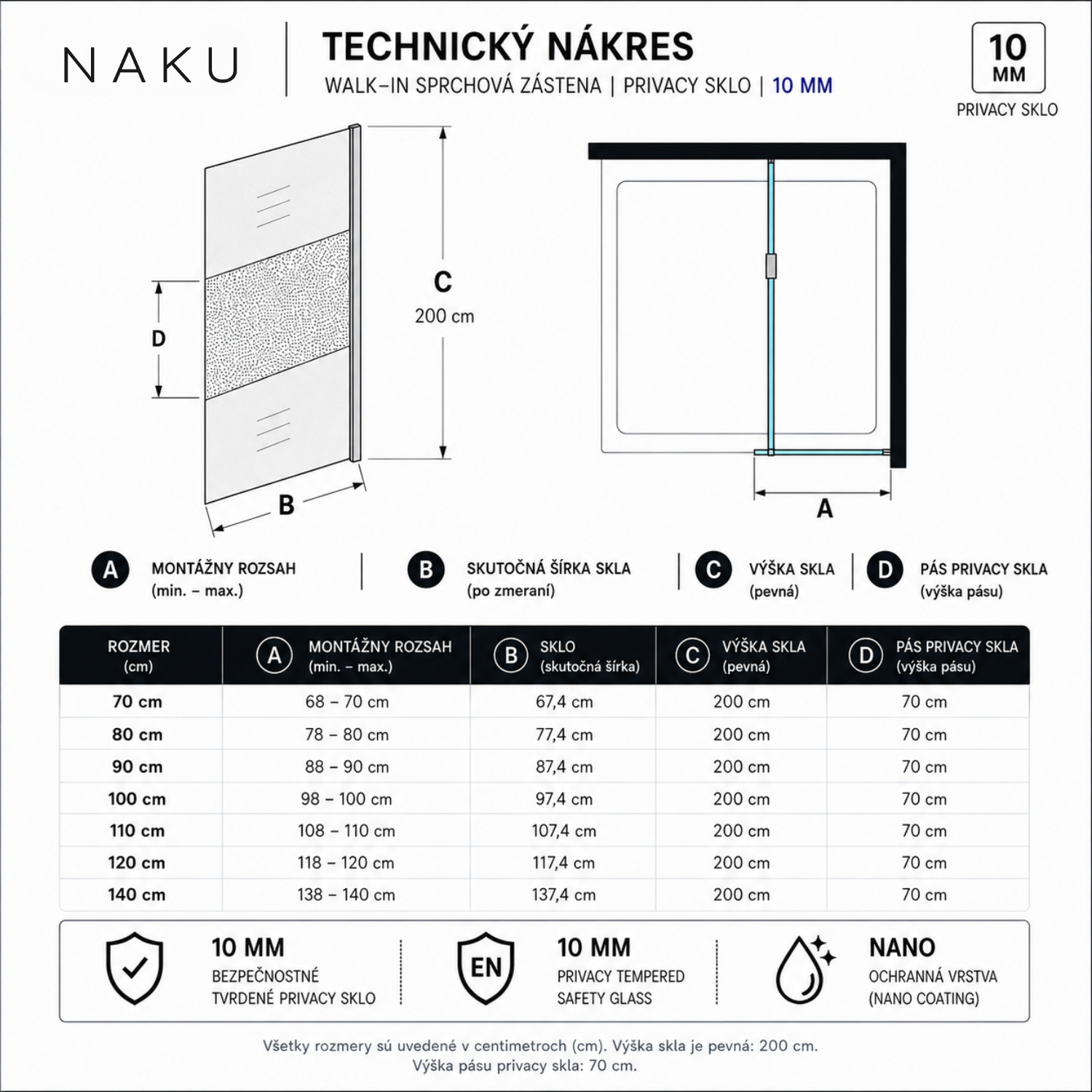 Technický nákres NAKU Walk-In sprchovej zásteny s privacy sklom 10 mm, vrátane rozmerov, montážneho rozsahu a privacy pásu.