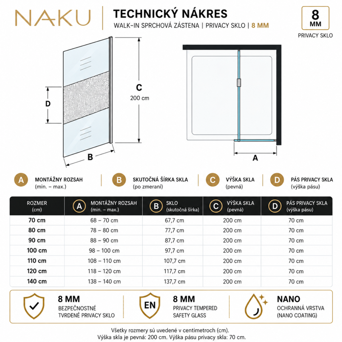 Technický nákres NAKU Walk-In Privacy 8 mm – rozmery 70 až 140 cm, výška 200 cm a privacy pás 70 cm
