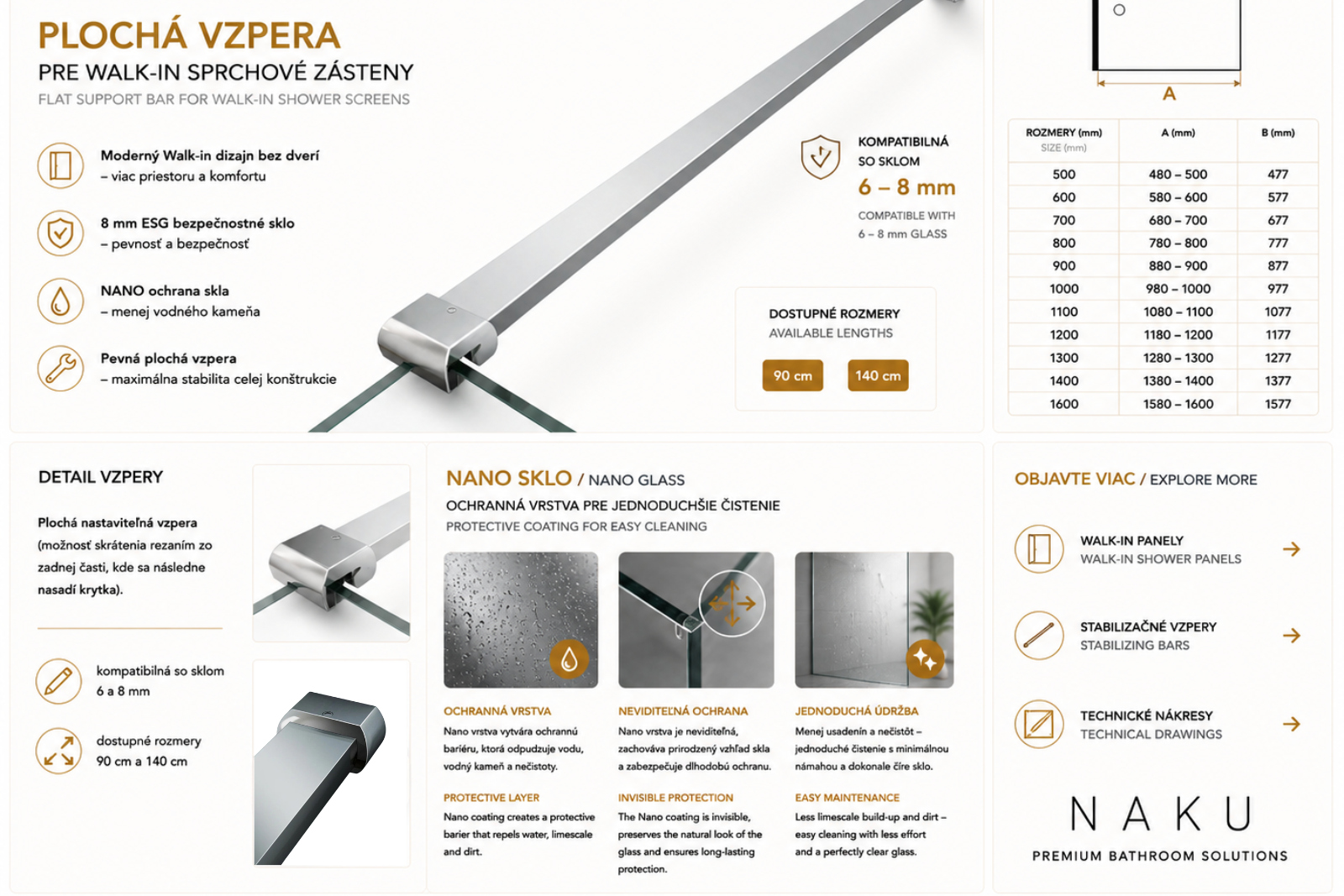 Chrómová plochá vzpera NAKU pre walk-in zásteny 6–8 mm