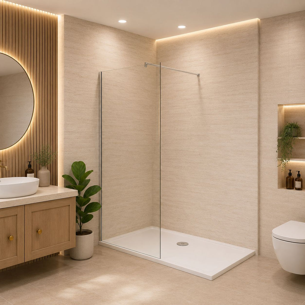 Walk-in sprchová zástena s pevnou hranatou vzperou 90–140 cm - pohľad z predu