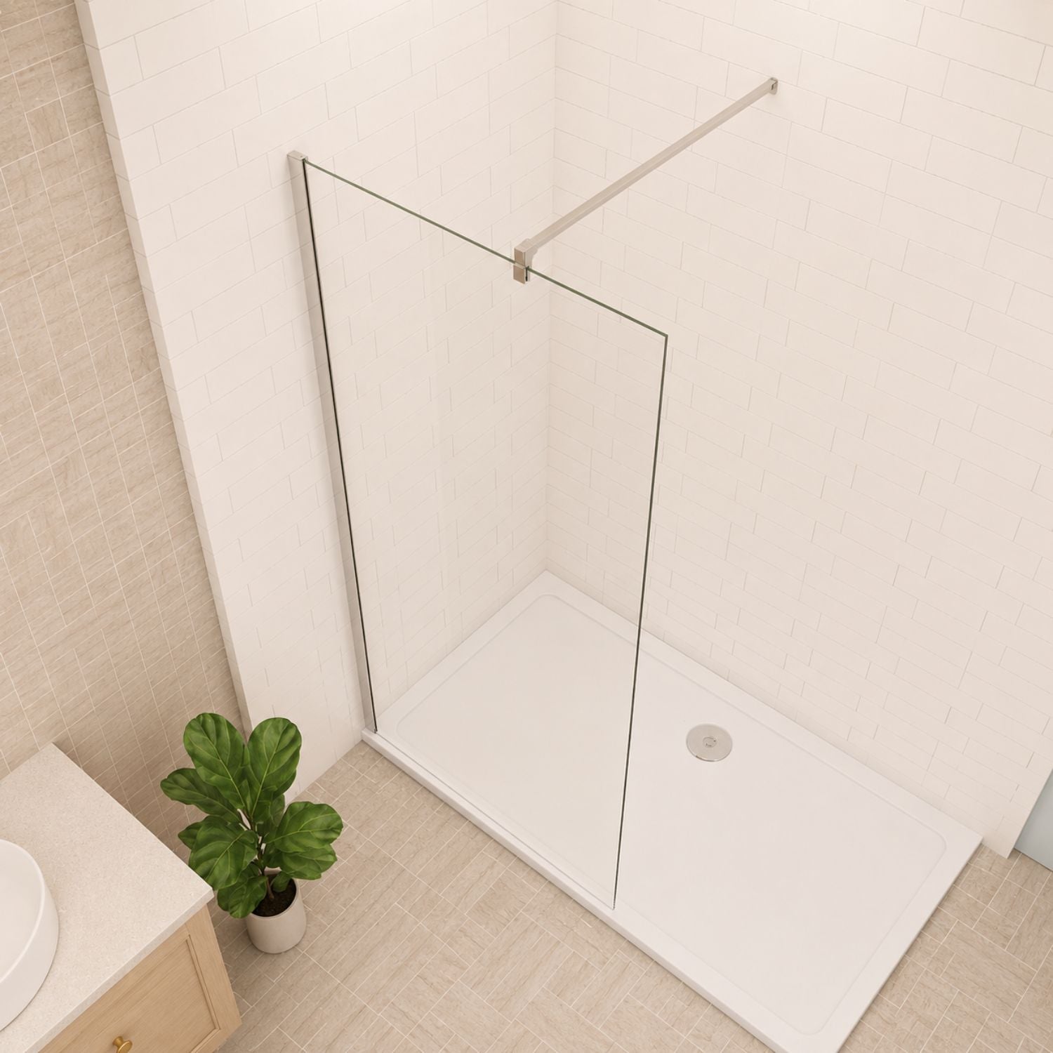 Walk-in sprchová zástena s pevnou hranatou vzperou 90–140 cm - pohľad zboku