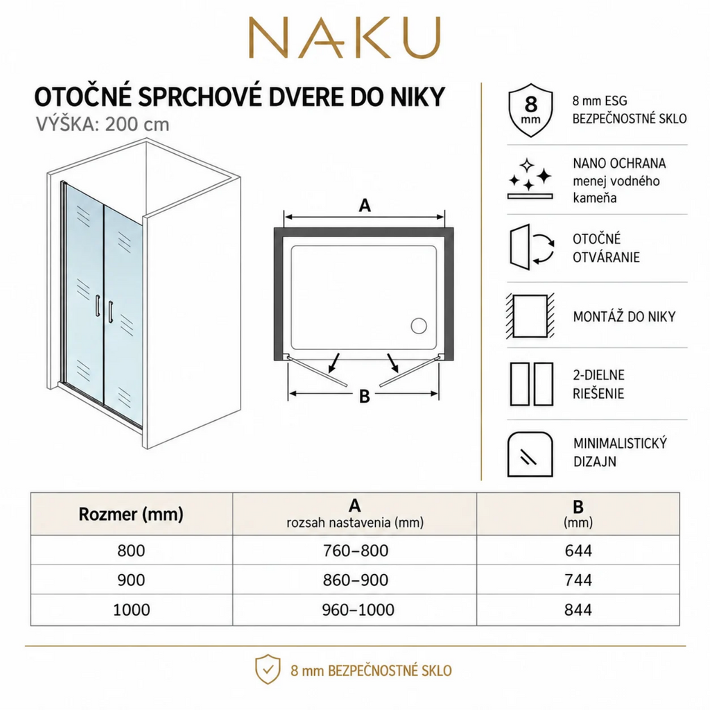 Technický nákres otočných sprchových dverí do niky NAKU, 8 mm ESG sklo, výška 200 cm