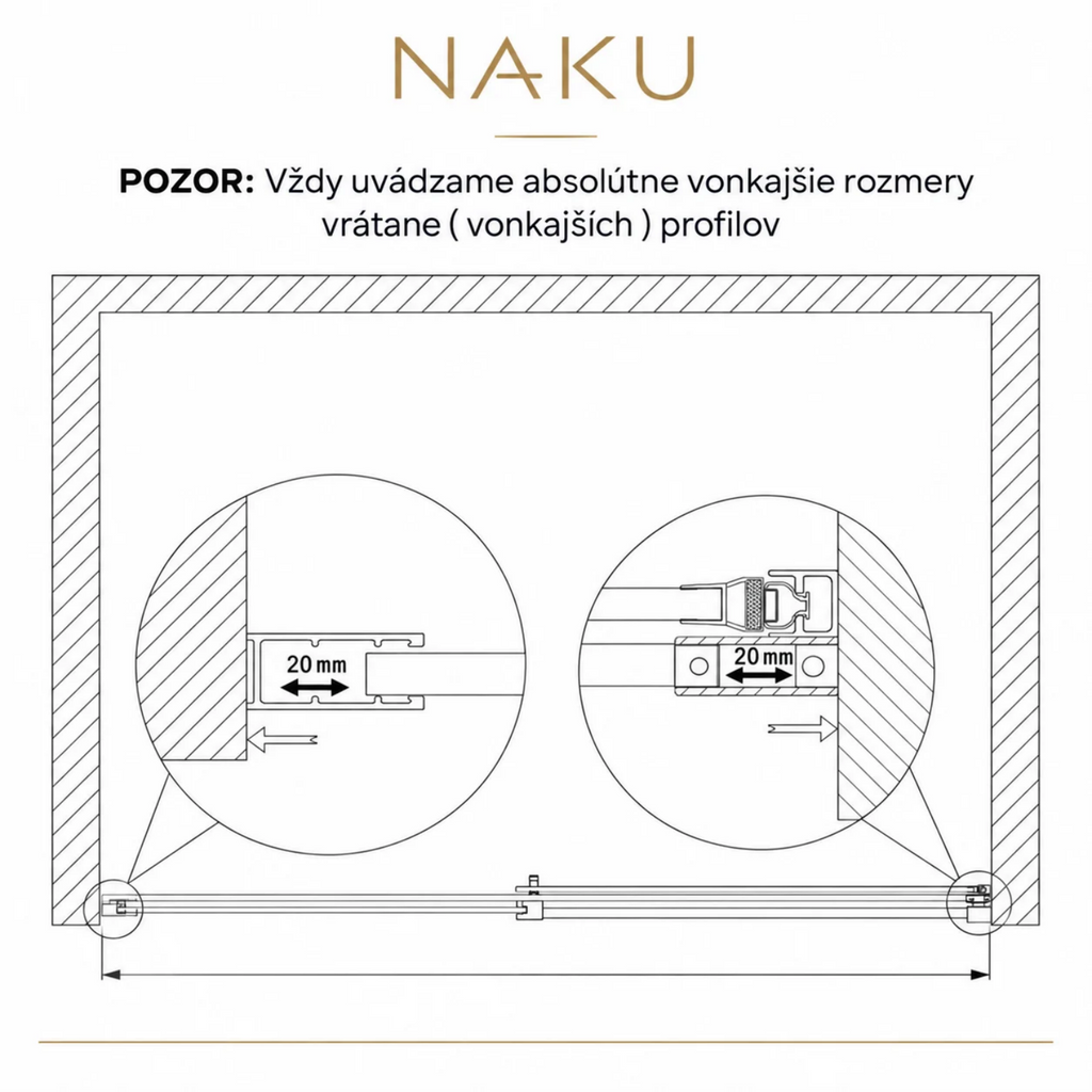 Technický nákres hornej vodiacej lišty pre sprchové dvere do niky posuvné- 8mm ESG NANO sklo- výška 195cm