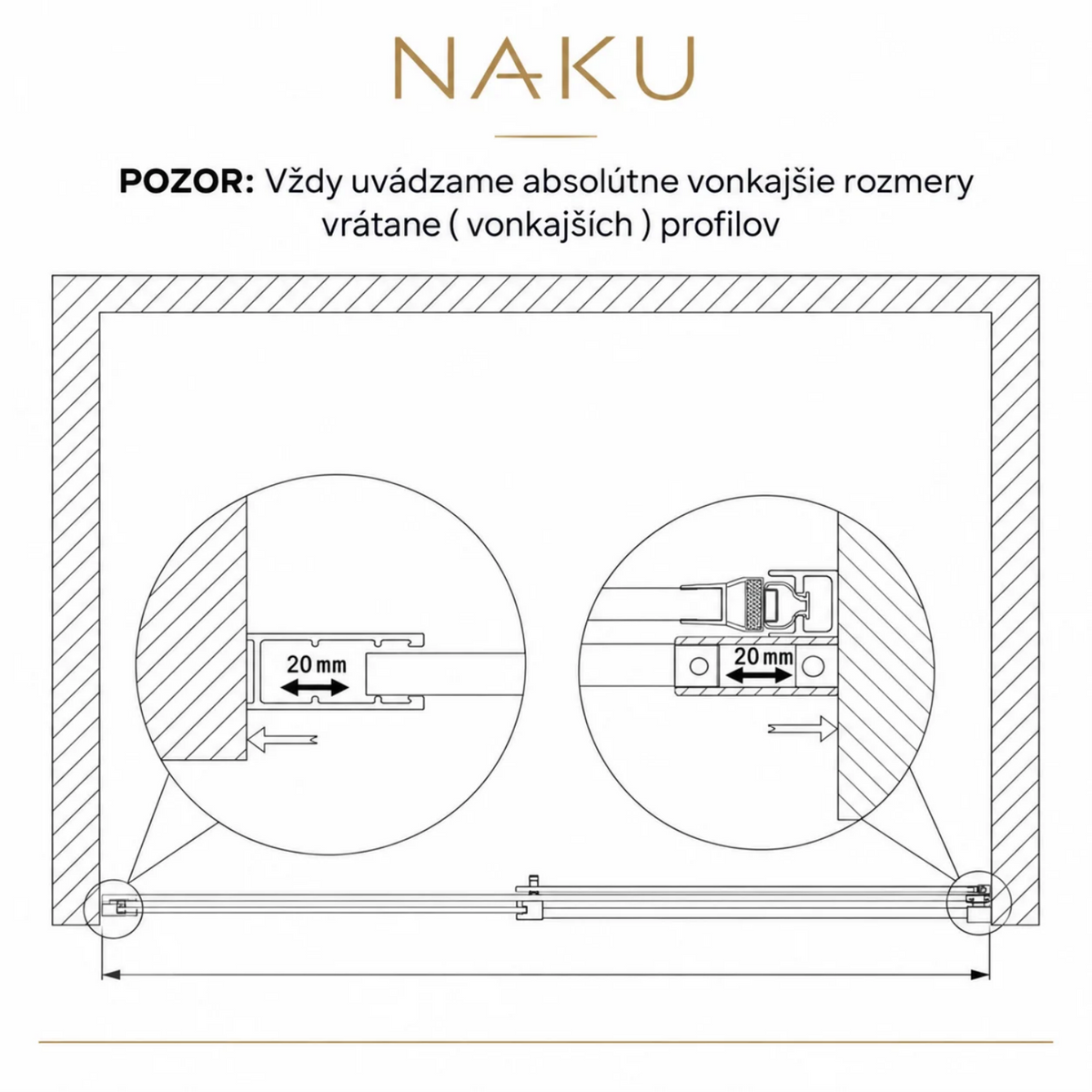 Technický nákres hornej vodiacej lišty pre sprchové dvere do niky posuvné- 8mm ESG NANO sklo- výška 195cm