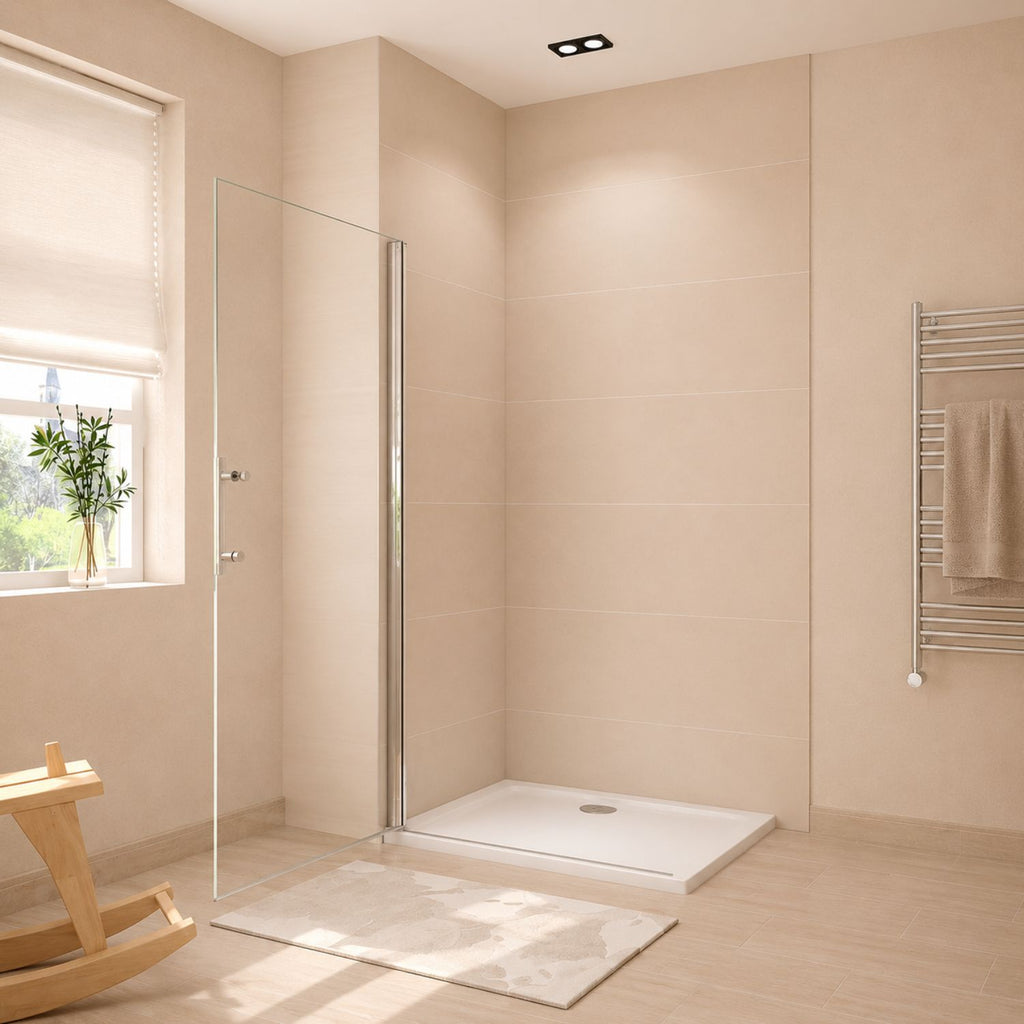 Walk-in sprchová zástena 6 mm chróm – otočné dvere otvorené do priestoru