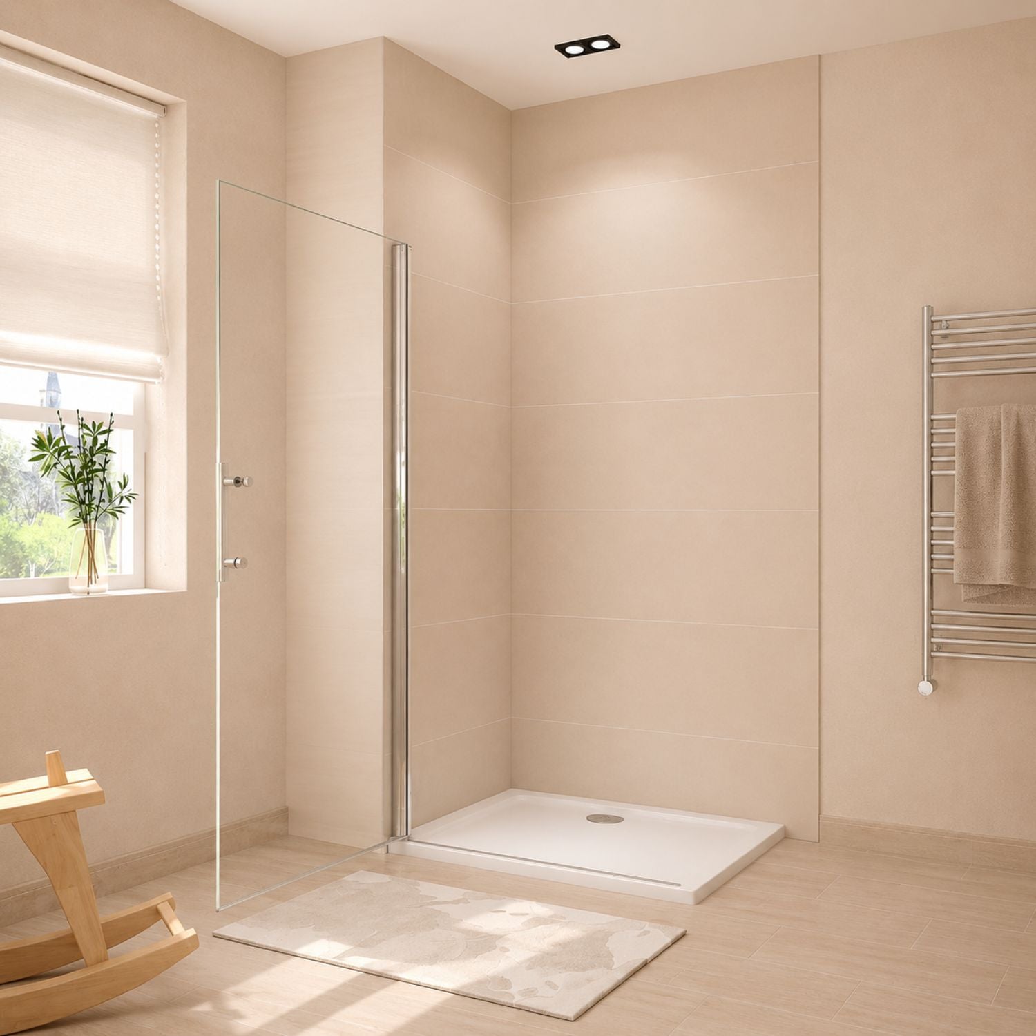 Walk-in sprchová zástena 6 mm chróm – otočné dvere otvorené do priestoru