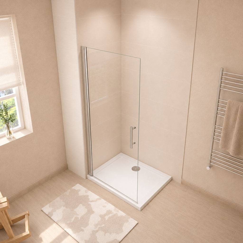 Walk-in sprchová zástena 6 mm chróm – pohľad zhora, rozloženie pevnej steny a dverí