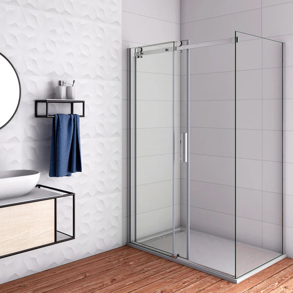 Obdĺžnikový sprchový kút s bočným panelom a posuvnými dverami 8 mm NANO sklo chróm