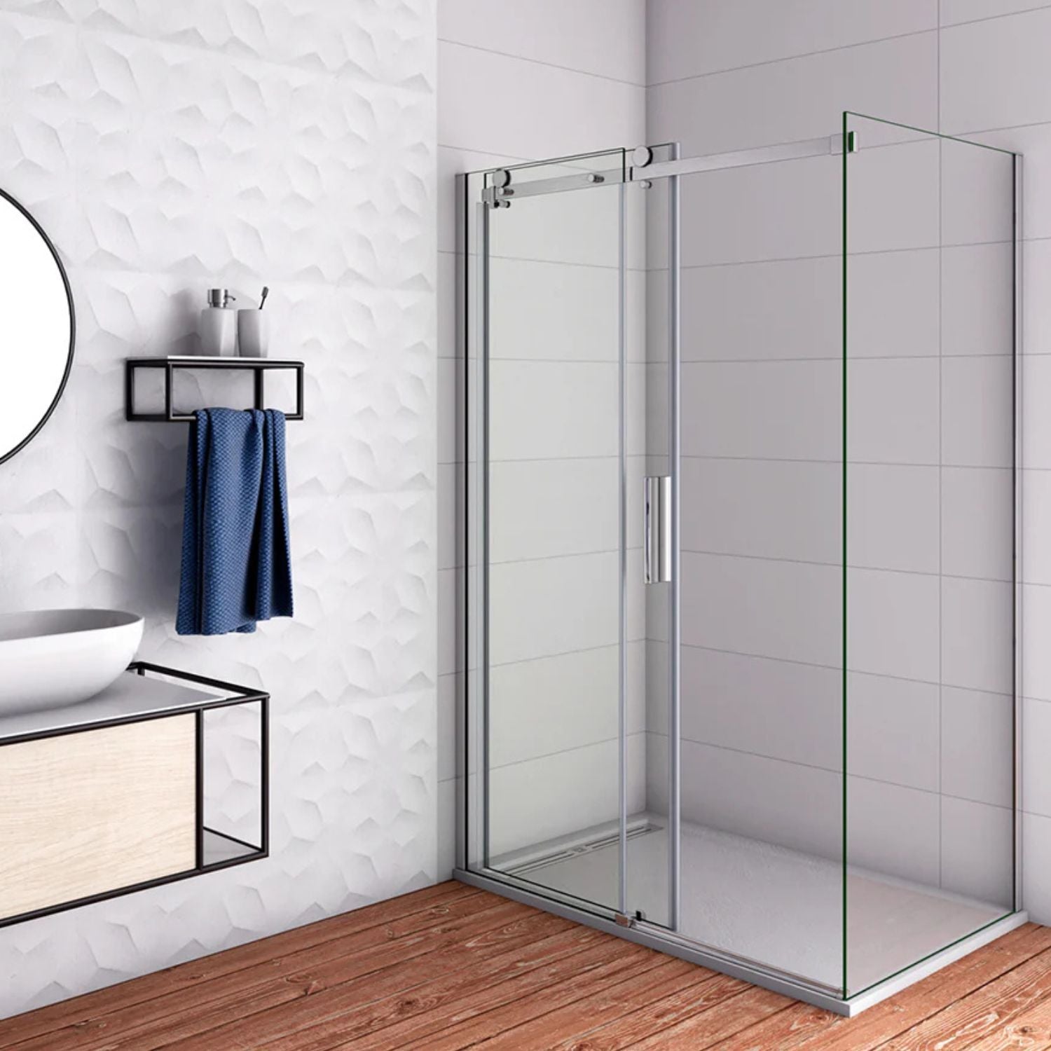 Obdĺžnikový sprchový kút s bočným panelom a posuvnými dverami 8 mm NANO sklo chróm