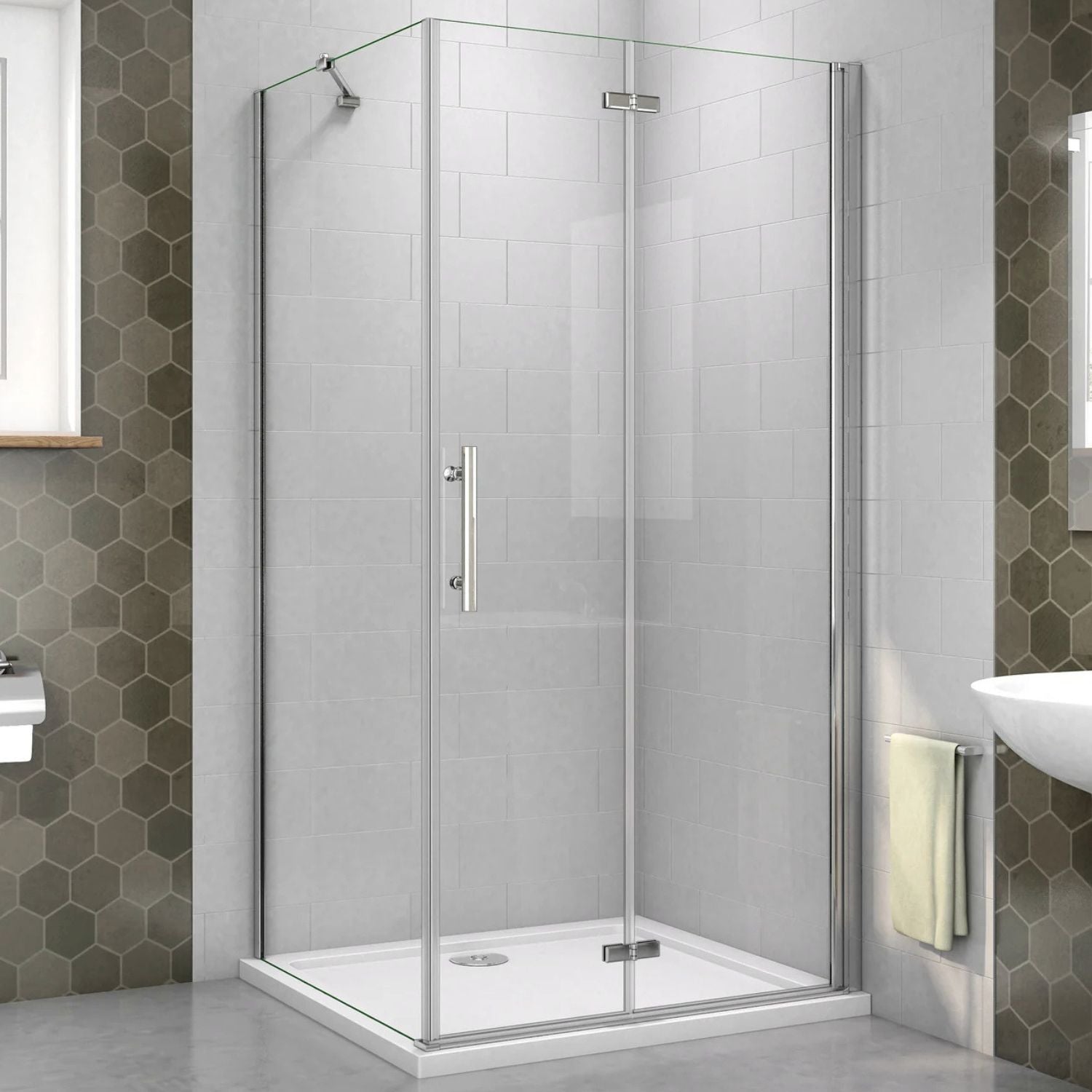 Obdĺžnikový sprchový kút chróm 6 mm so skladacími dverami a bočným panelom – výška 185 cm
