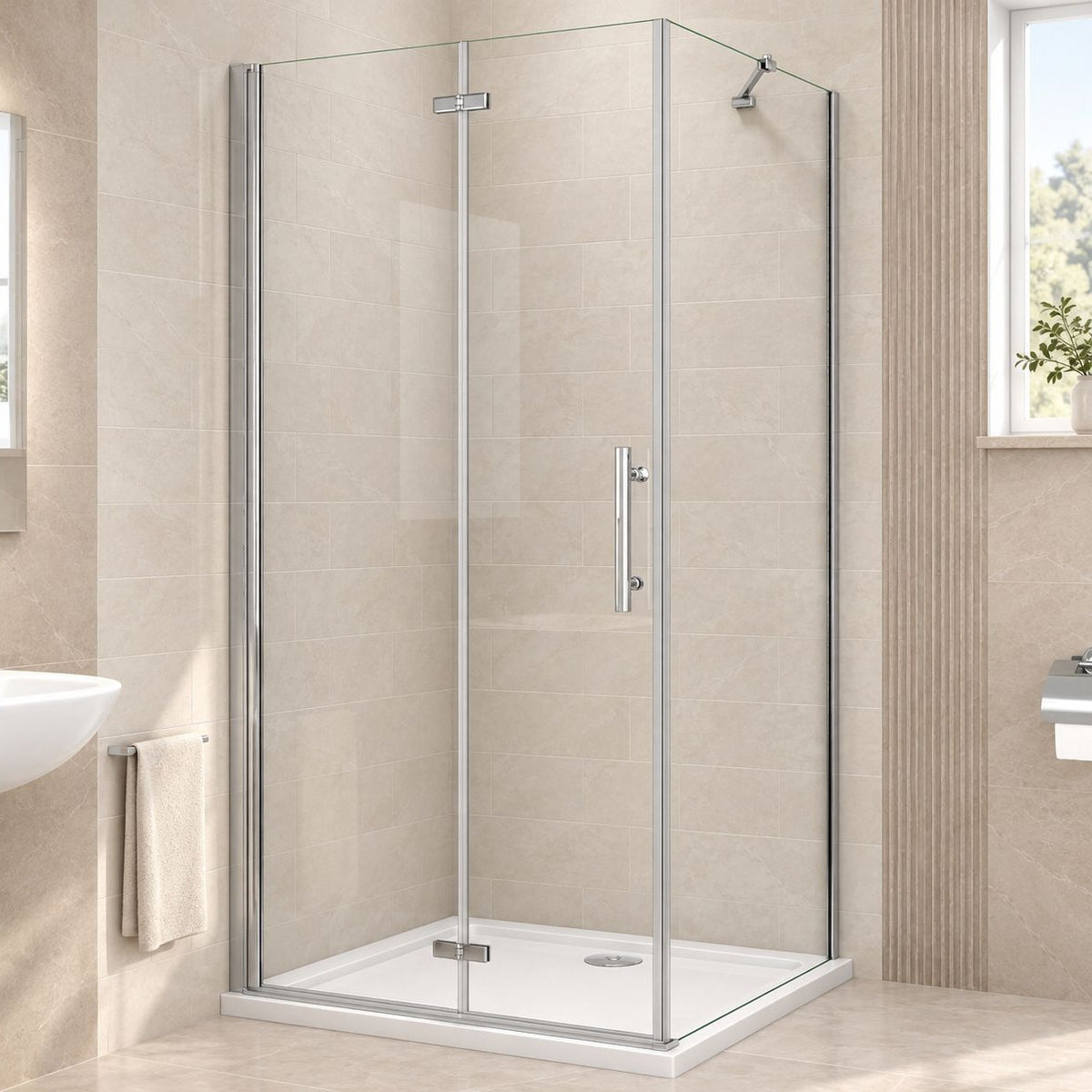 Obdĺžnikový sprchový kút NAKU so skladacími dverami a bočným panelom, chróm, 6 mm číre ESG sklo, výška 195 cm