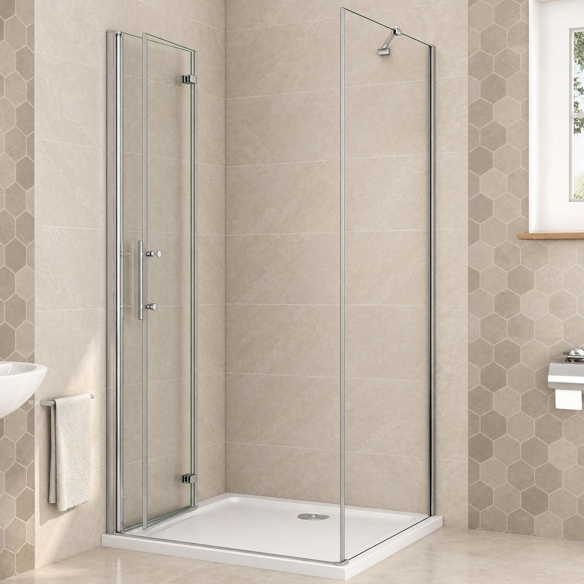 Obdĺžnikový sprchový kút NAKU so zloženými skladacími dverami, chróm, výška 195 cm