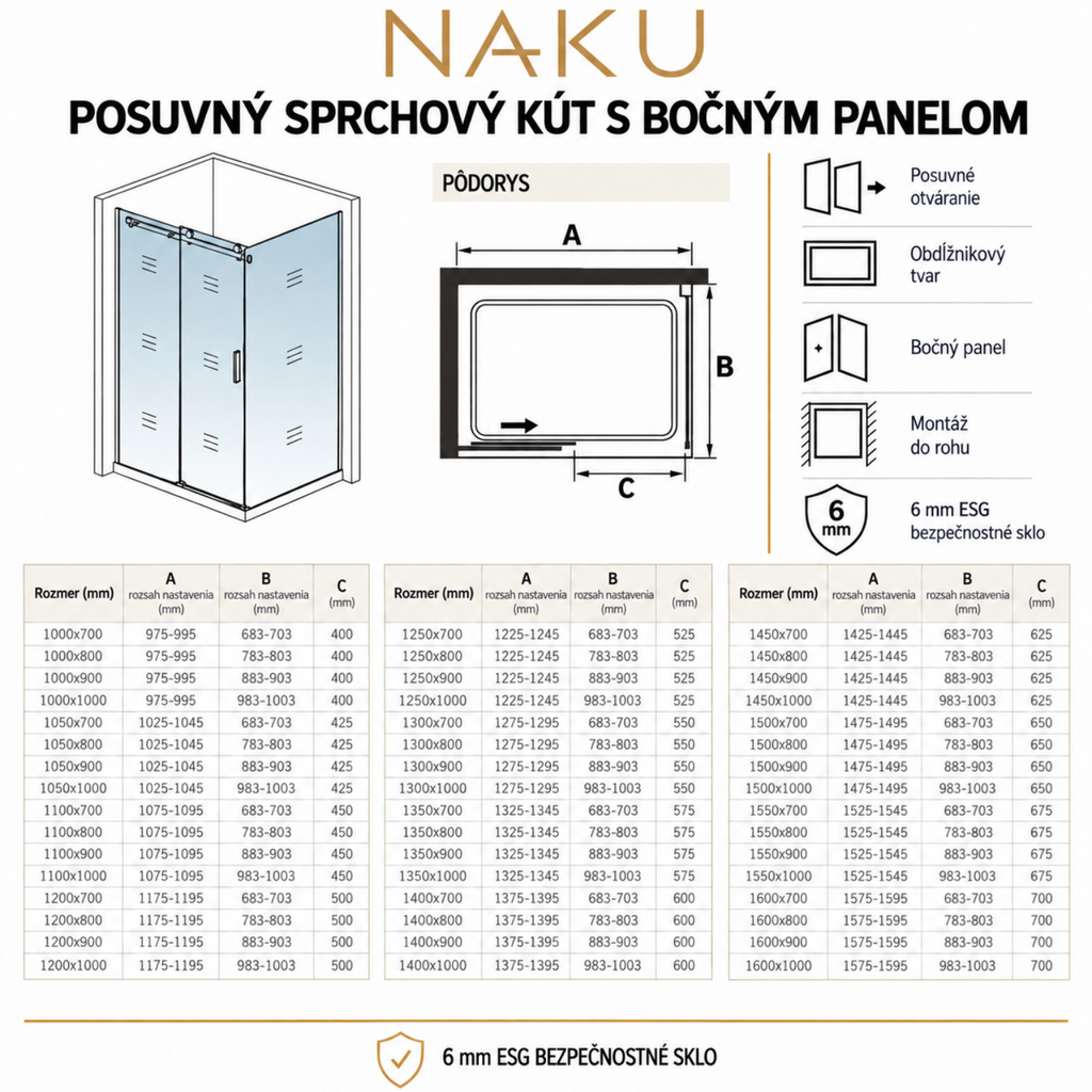 Technický nákres sprchový kút posuvný - 6 mm NANO číre sklo