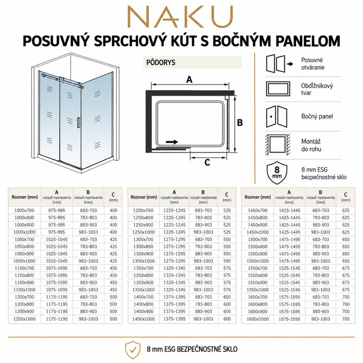 Technický nákres sprchový kút posuvný - 8 mm NANO číre sklo