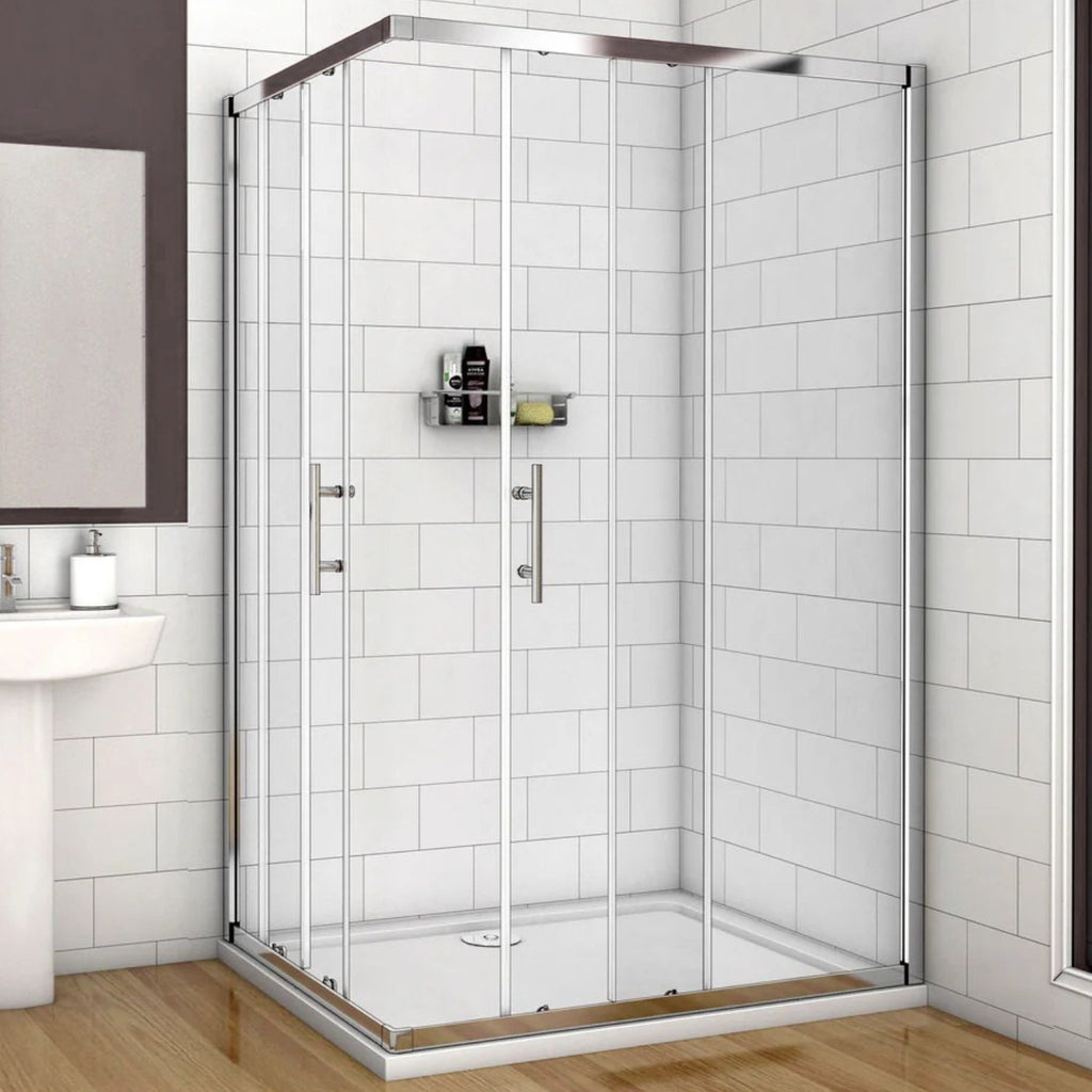 Rohový sprchový kút chróm s posuvnými dverami a čírym sklom, výška 195 cm | NAKU