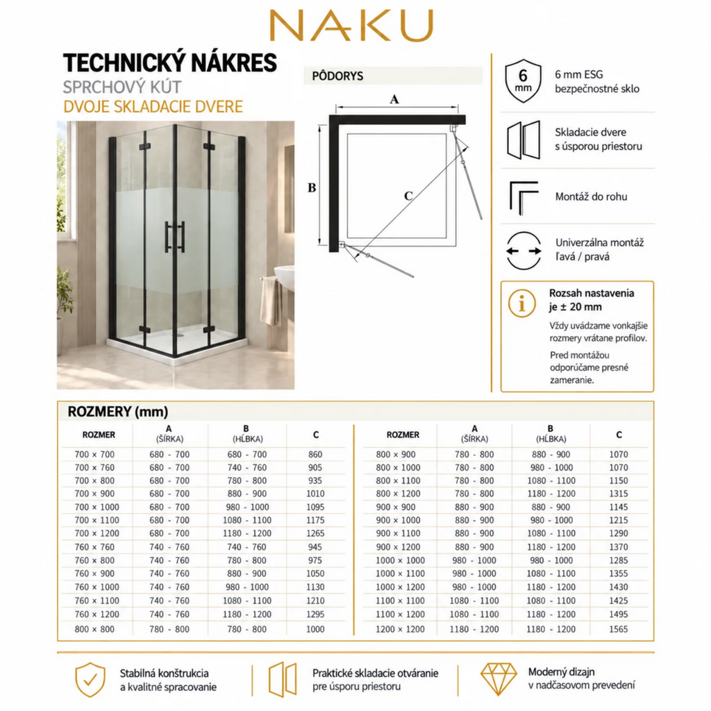 NAKU FOLD DUO Black Privacy sprchový kút s dvojicou skladacích dverí – technický nákres s pôdorysom, rozmermi a montážnymi rozsahmi A, B a C.