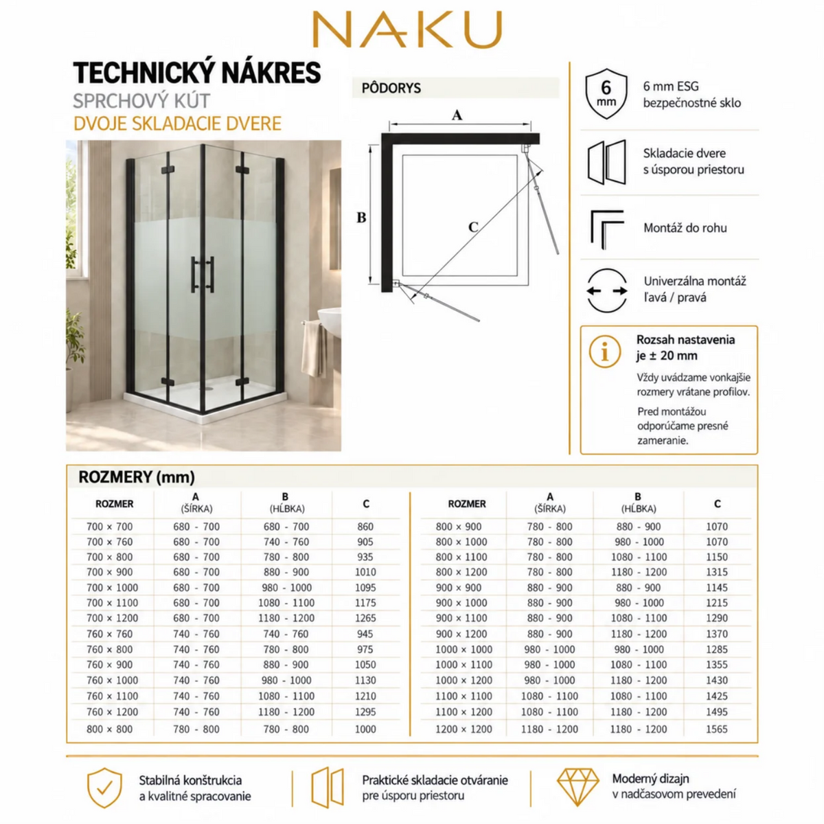 NAKU FOLD DUO Black Privacy sprchový kút s dvojicou skladacích dverí – technický nákres s pôdorysom, rozmermi a montážnymi rozsahmi A, B a C.