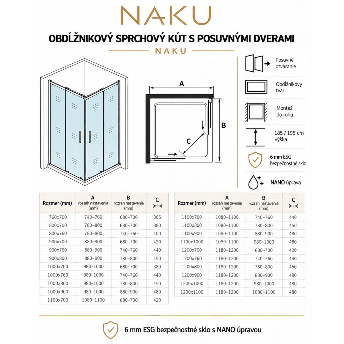 Technický nákres obdĺžnikového sprchového kúta s posuvnými dverami, 6 mm ESG bezpečnostné sklo s NANO úpravou