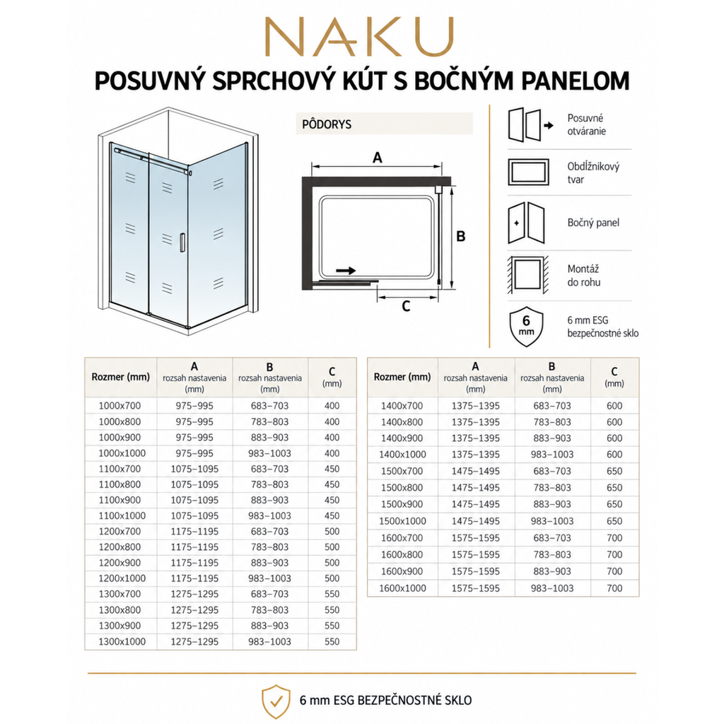Technický nákres obdĺžnikového sprchového kúta NAKU s posuvnými dverami a bočným panelom, 6 mm ESG sklo, výška 195 cm