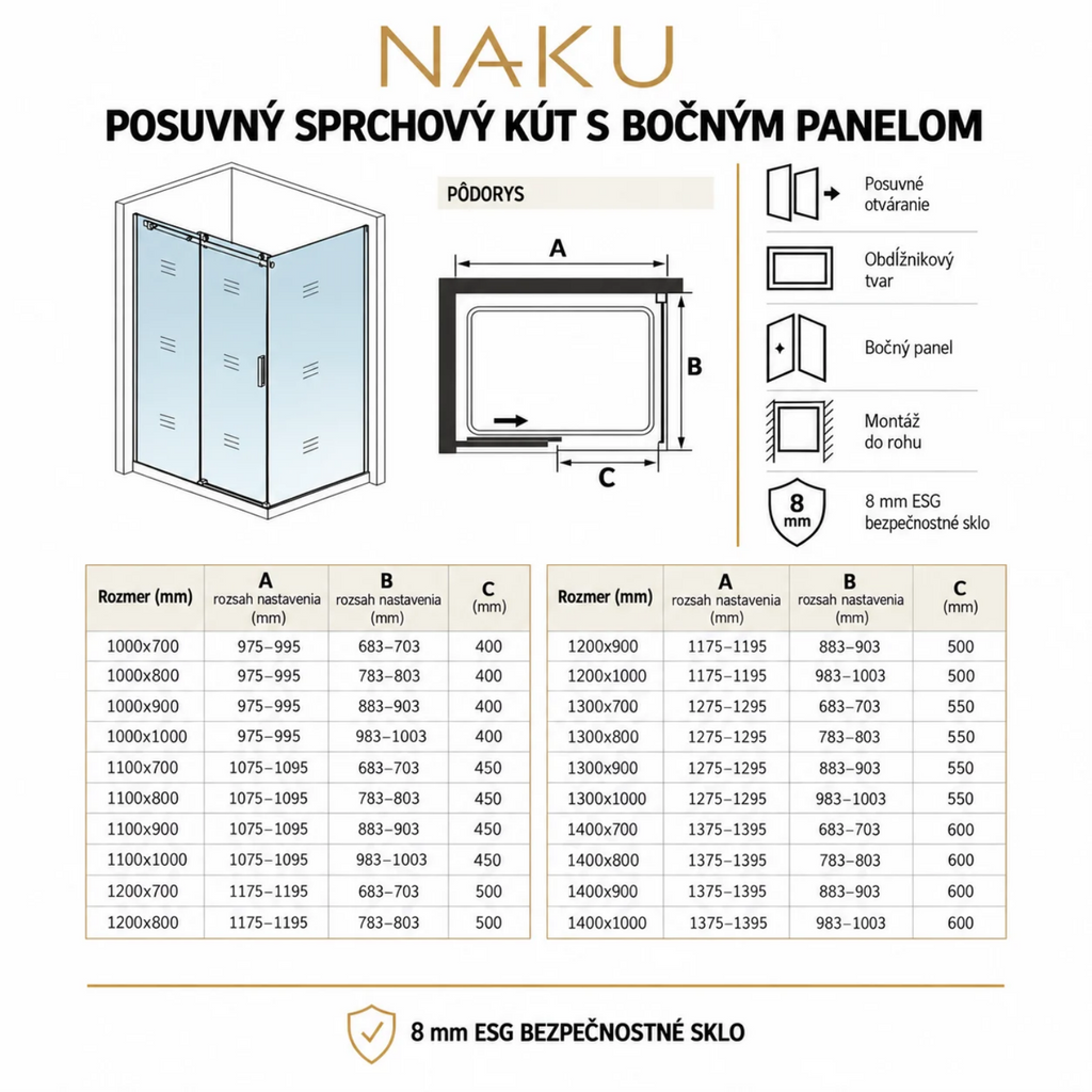 Technický nákres obdĺžnikového posuvného sprchového kúta NAKU s bočným panelom, čierne prevedenie, 8 mm ESG sklo