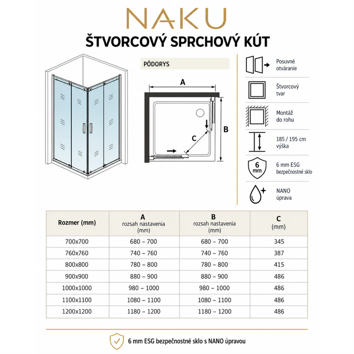 Technický nákres štvorcového sprchového kúta s posuvnými dverami, 6 mm ESG bezpečnostné sklo s NANO úpravou