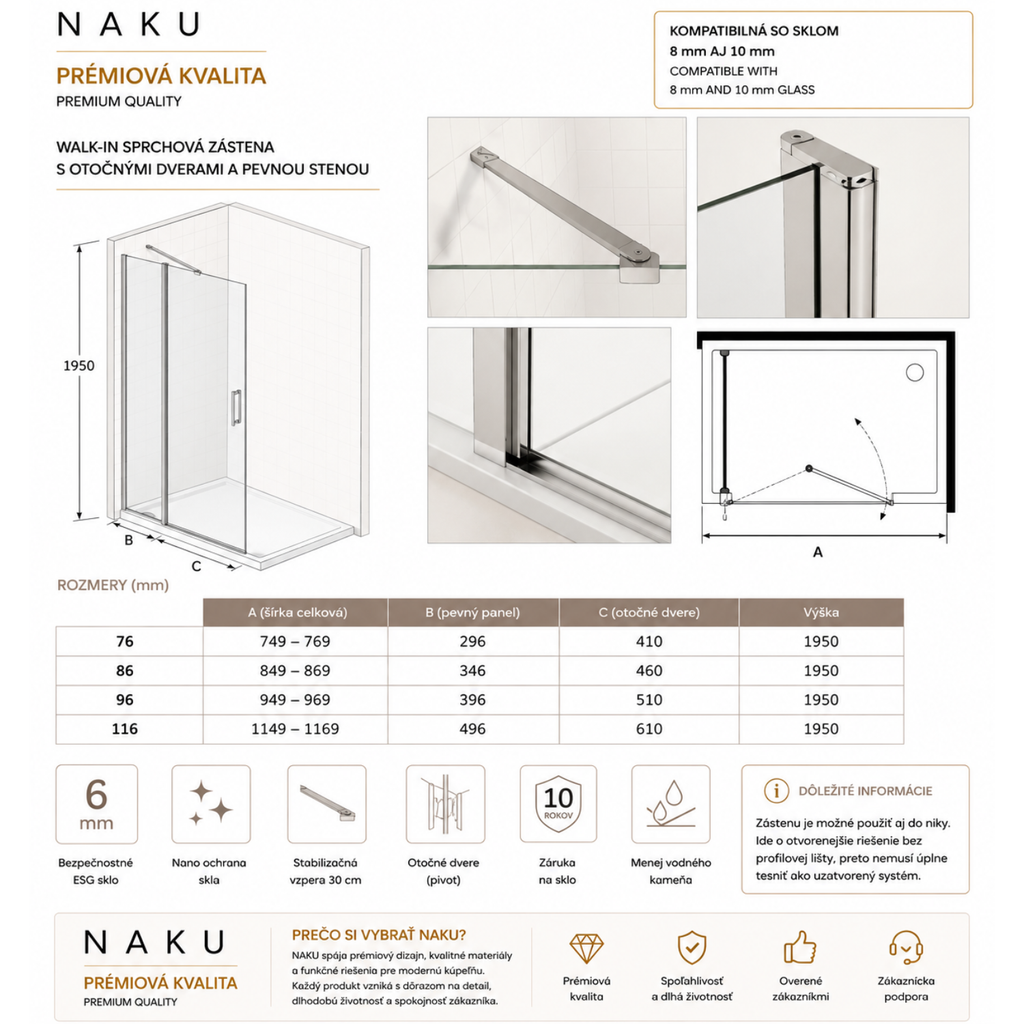 Technický nákres – Walk-in sprchová zástena 6 mm s otočnými dverami a pevnou stenou | NAKU